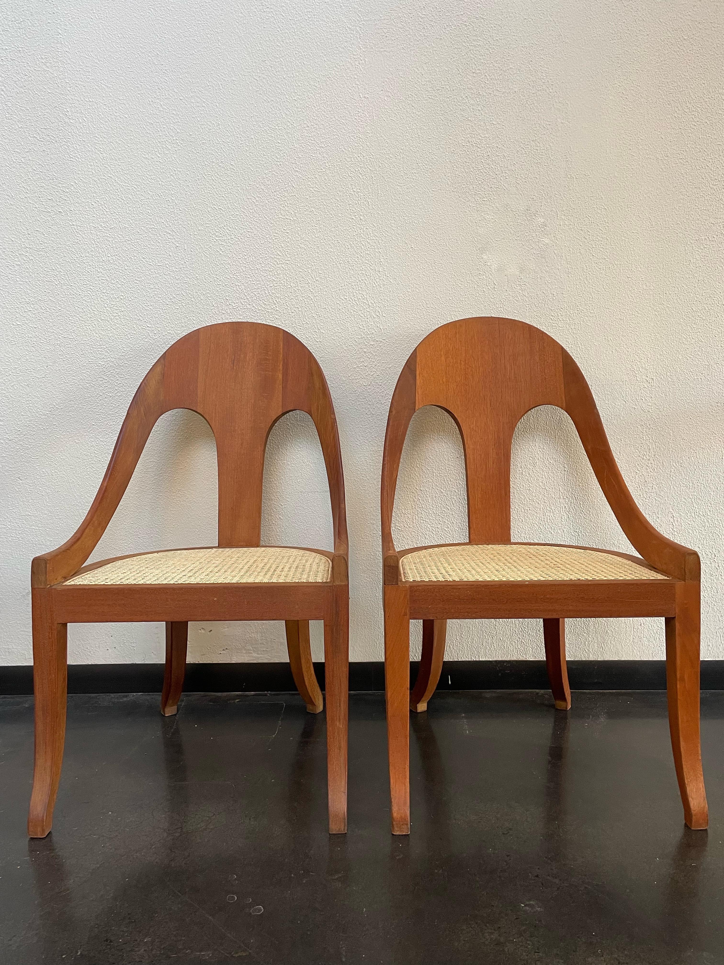 Beautiful vintage antique spoon back wooden chairs with caning seat. Refinished wood. Set of 4.