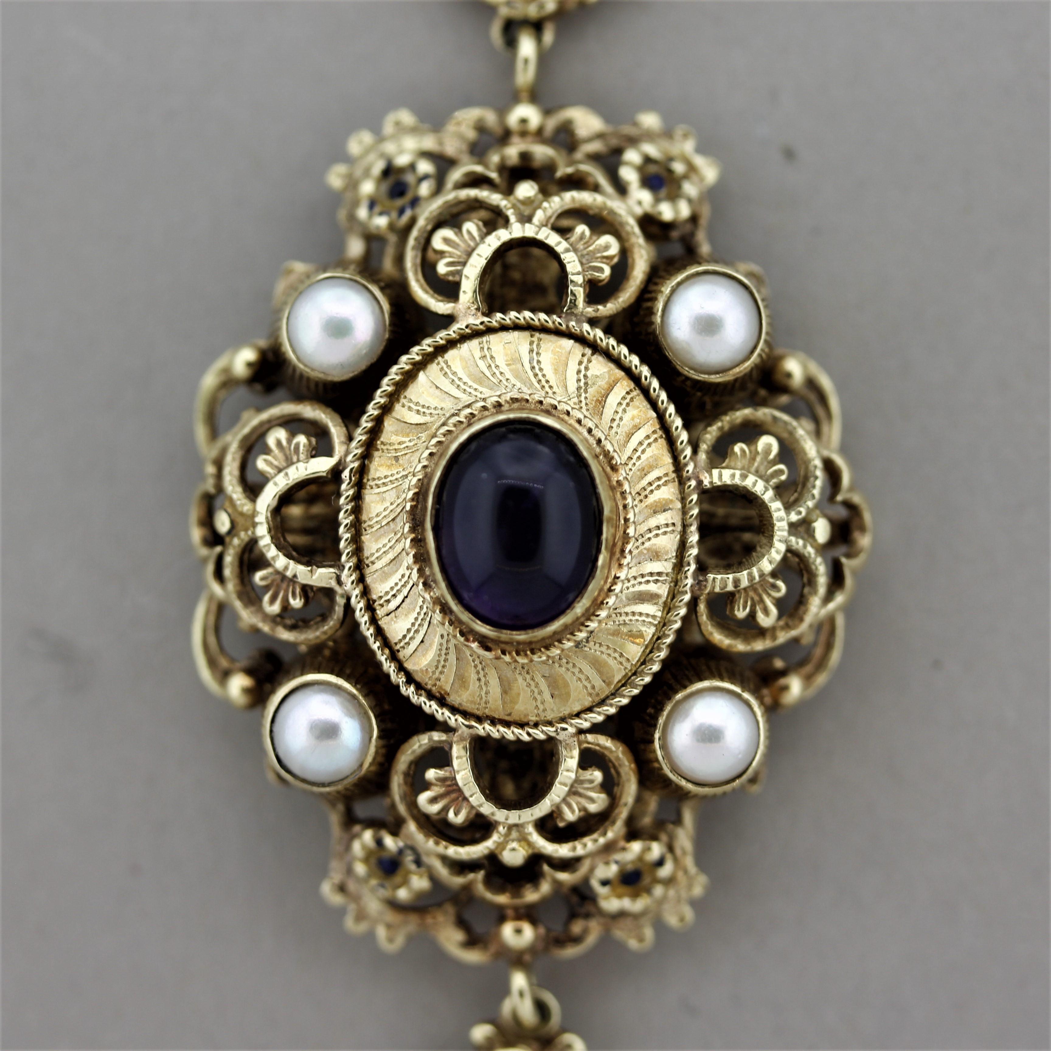 Vintage Antique-Stil Amethyst Perle Gold Drop Halskette (Gemischter Schliff) im Angebot