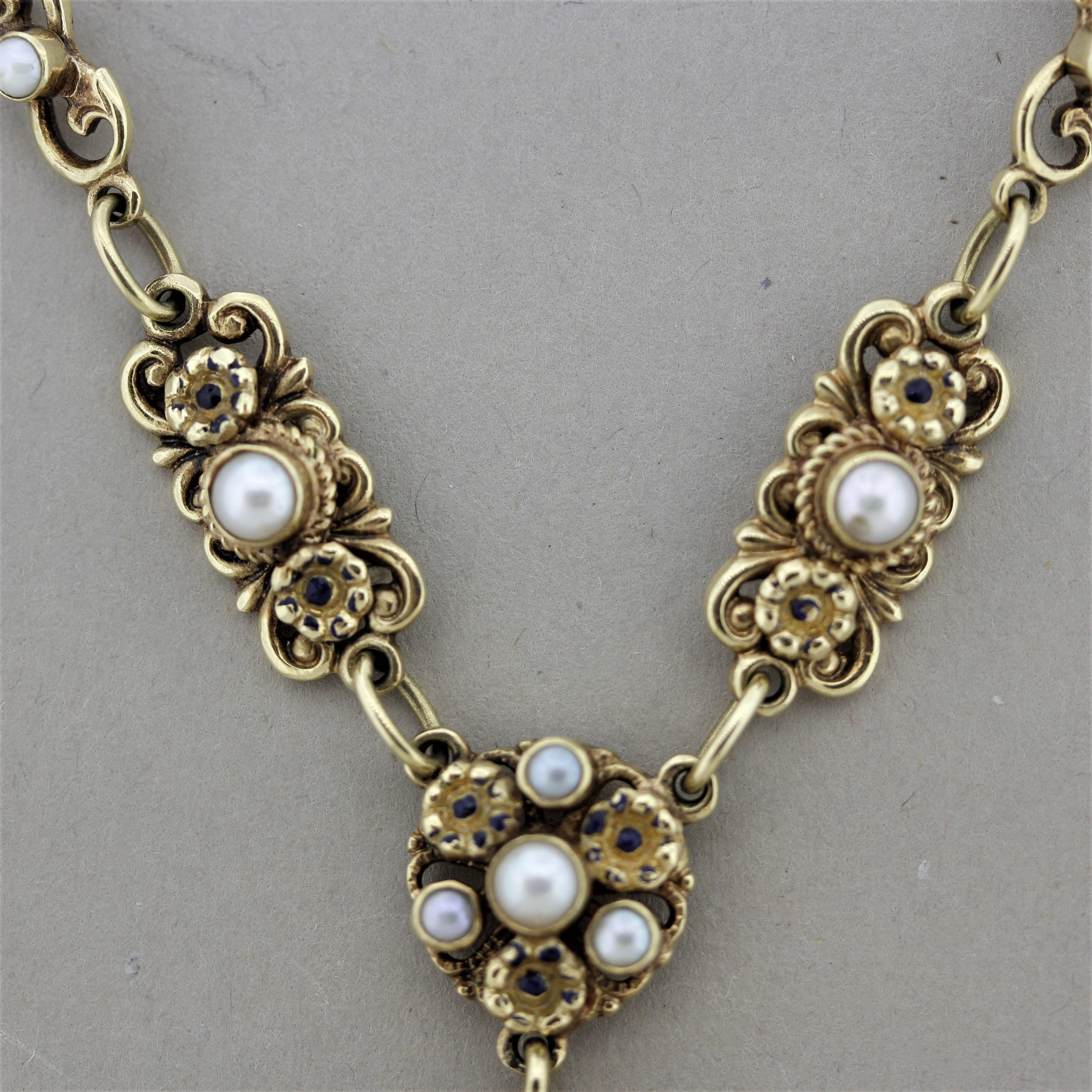 Vintage Antique-Stil Amethyst Perle Gold Drop Halskette Damen im Angebot