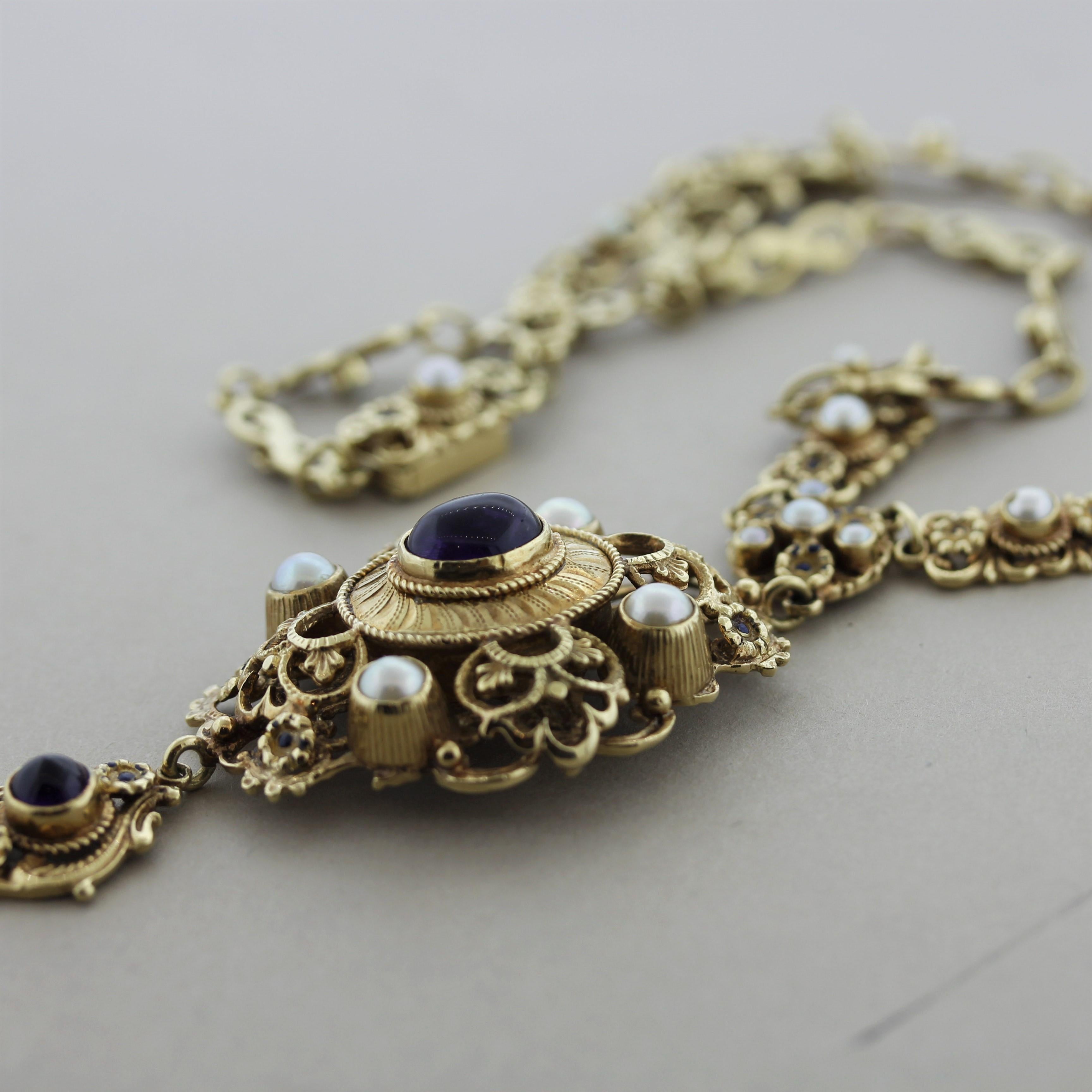 Vintage Antique-Style Amethyst Pearl Gold Drop Necklace In Excellent Condition For Sale In Beverly Hills, CA