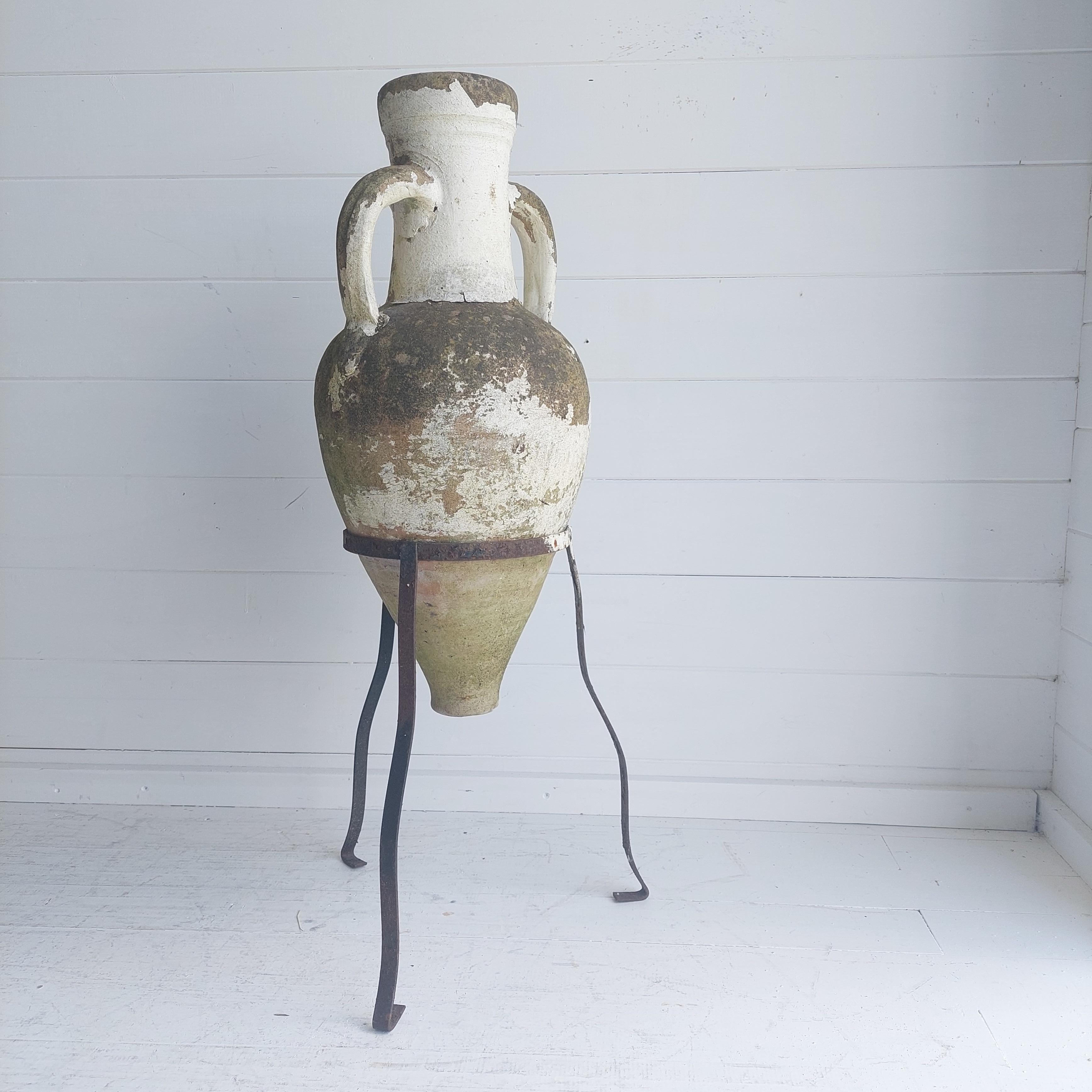 Vintage Antique Terracotta Amphora with Wrought Iron Tripod Stand, 1800s 5