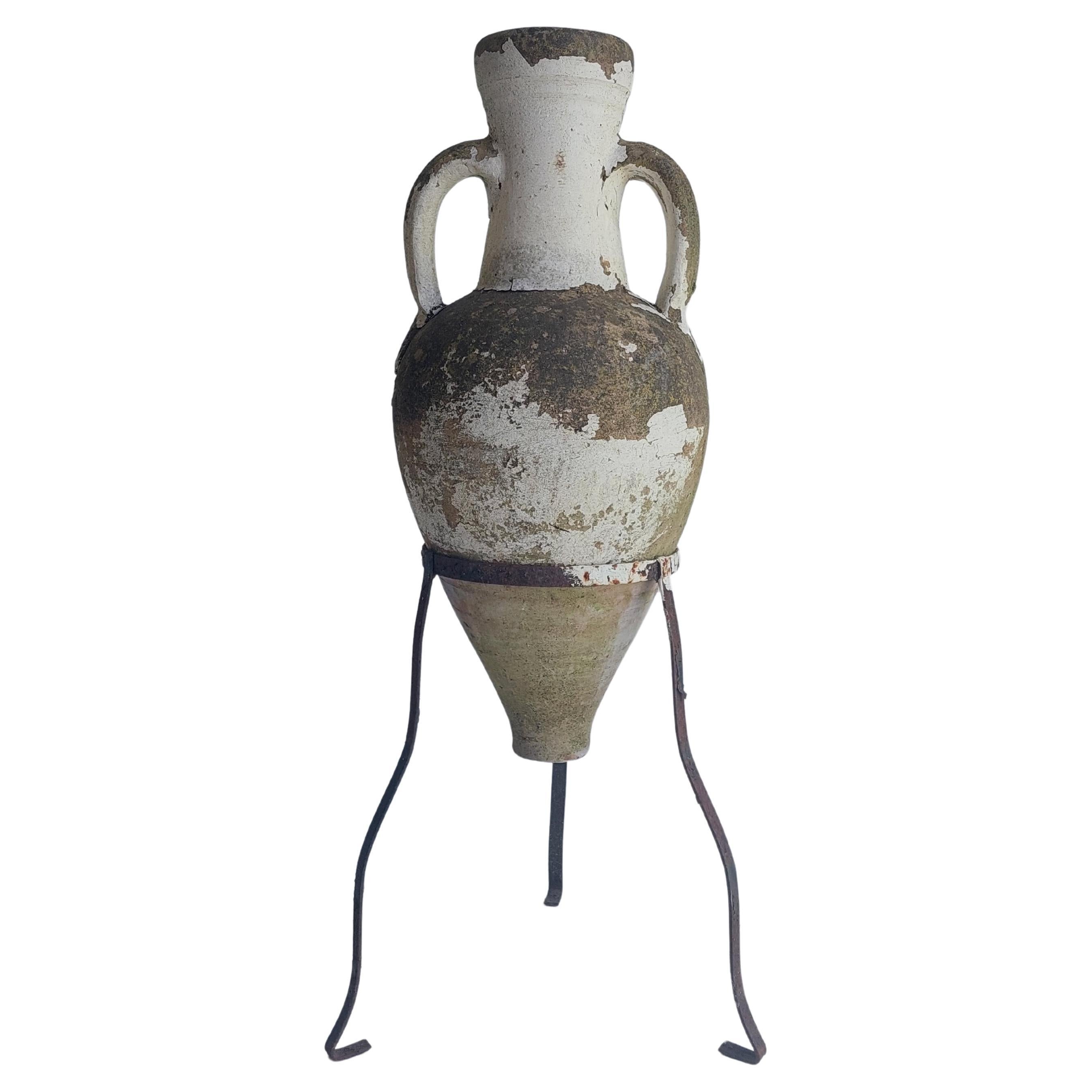 Vintage Antique Terracotta Amphora with Wrought Iron Tripod Stand, 1800s en vente