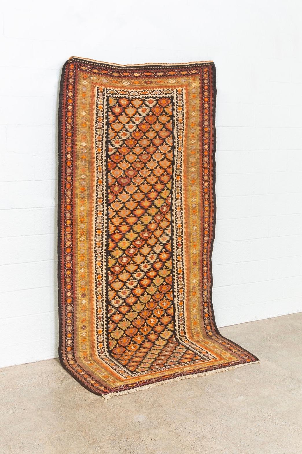 Central Asian Vintage Antique Tribal Handmade Orange Wool Floor Rug For Sale