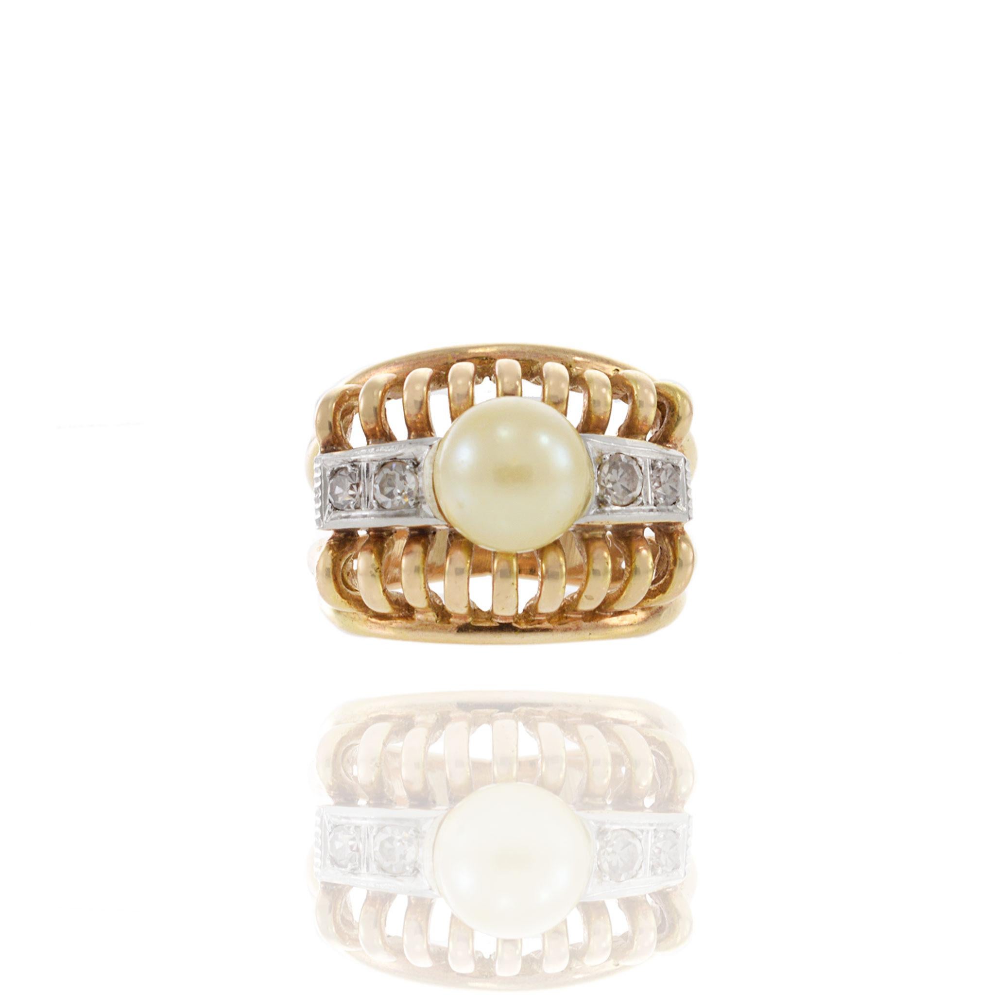 Old Mine Cut Vintage Antique Victorian Era 18KT Yellow Gold And Platinum Pearl Diamond Ring