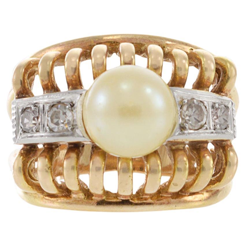 Vintage Antique Victorian Era 18KT Yellow Gold And Platinum Pearl Diamond Ring