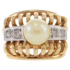 Antiguo Anillo de Diamantes y Perlas de Oro Amarillo y Platino de 18 KT de la Época Victoriana