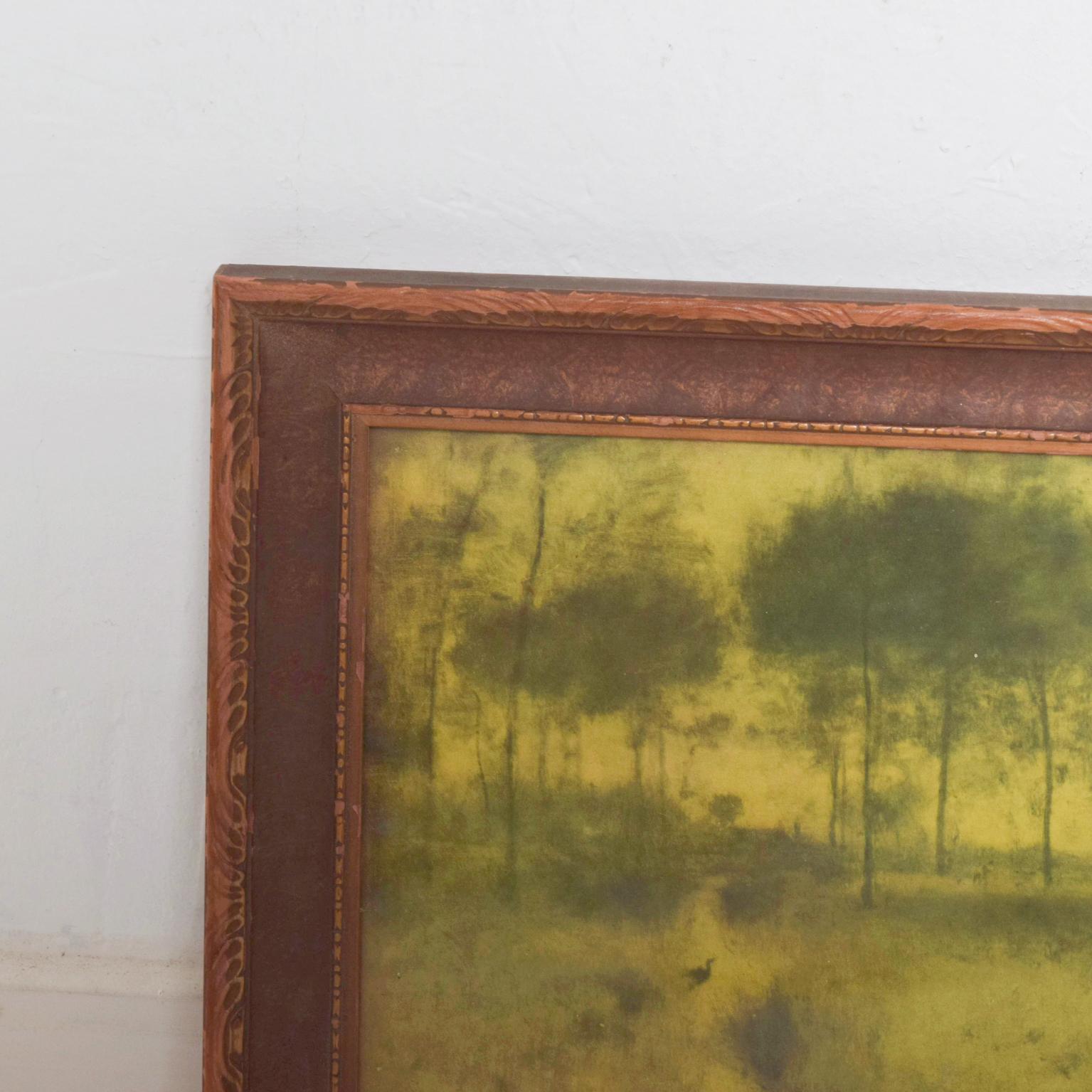For your pleasure: Vintage antique scenic art print- Peaceful landscape trees. Has antique wood frame. Visible age and wear. 

Dimensions: 14.5