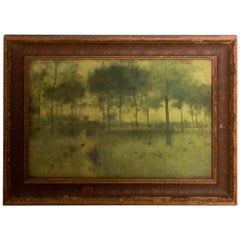 Vintage Antique Wood Framed Print Art Scenic Tree Landscape