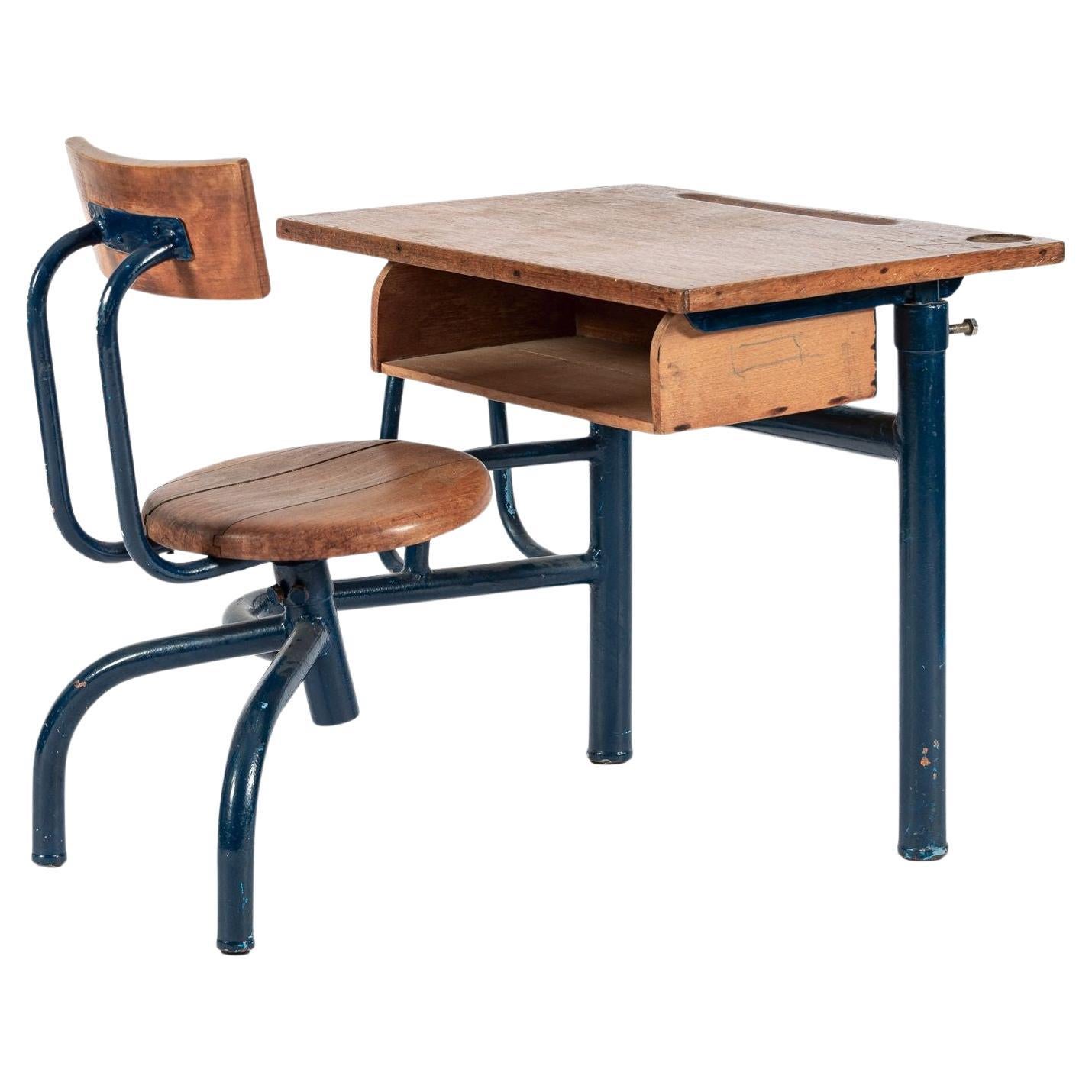 Vintage Antique Wood & Metal Child’s School Desk & Chair in Style of Jean Prouvé