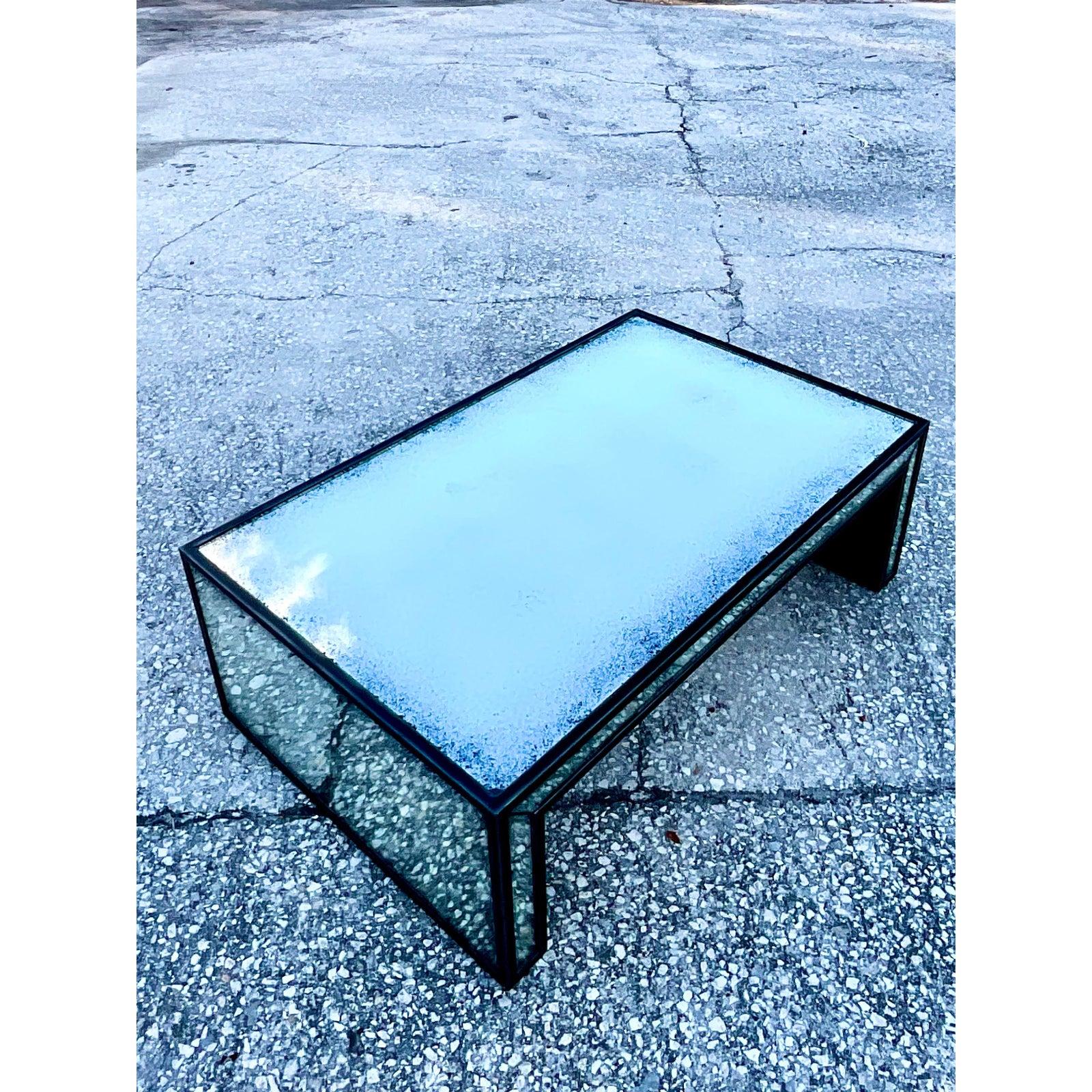 Vintage Antiqued Mirror Coffee Table In Good Condition In west palm beach, FL