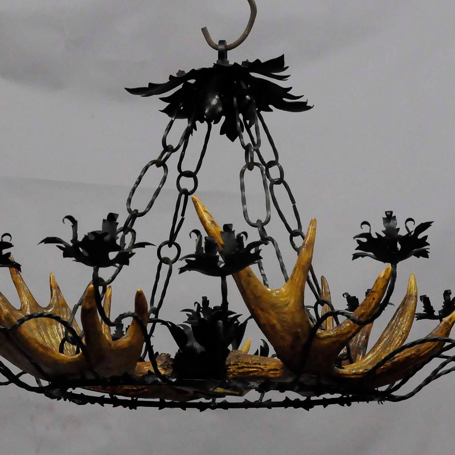 Art Nouveau Vintage Antler Chandelier with Forged Iron Suspension For Sale