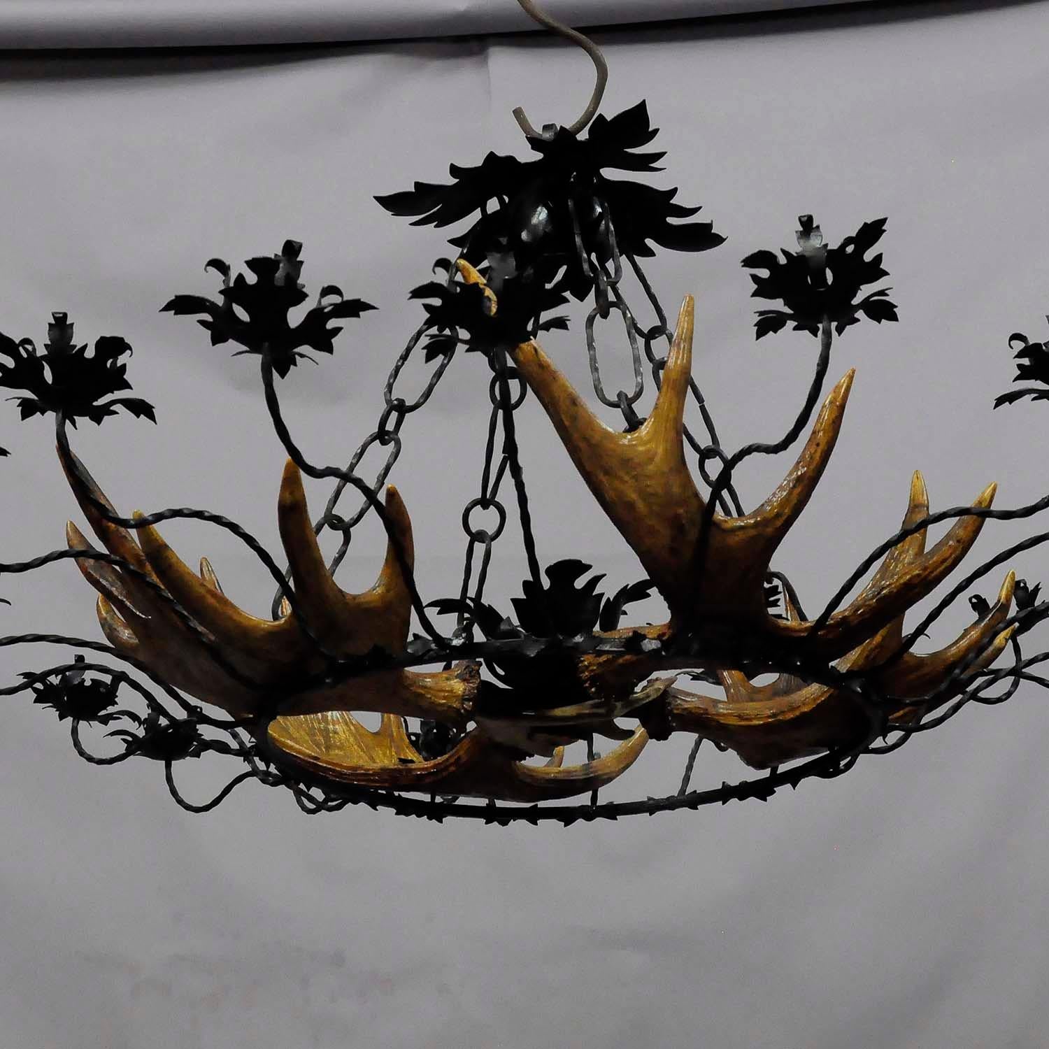 German Vintage Antler Chandelier with Forged Iron Suspension For Sale