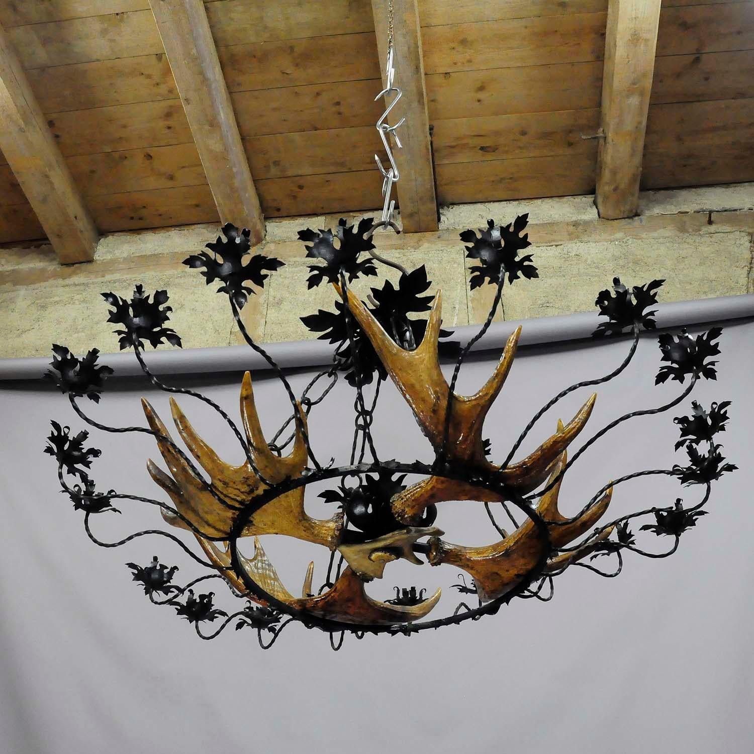 20th Century Vintage Antler Chandelier with Forged Iron Suspension For Sale
