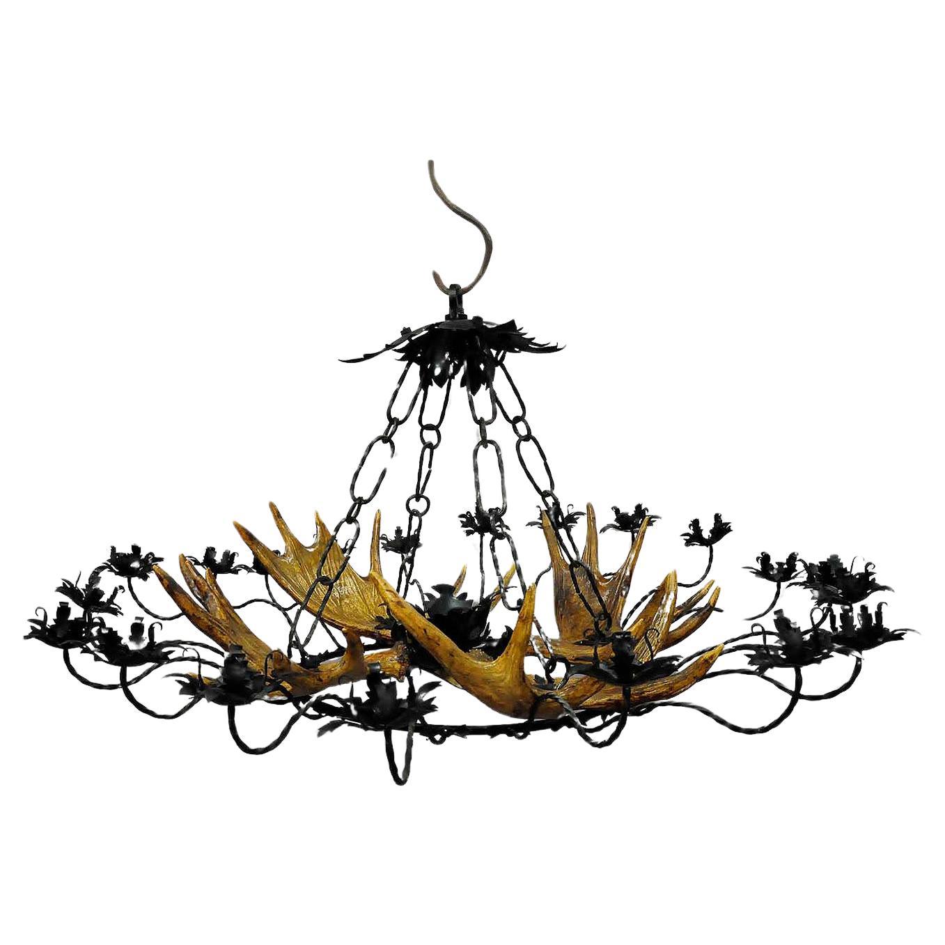 Vintage Antler Chandelier with Forged Iron Suspension For Sale