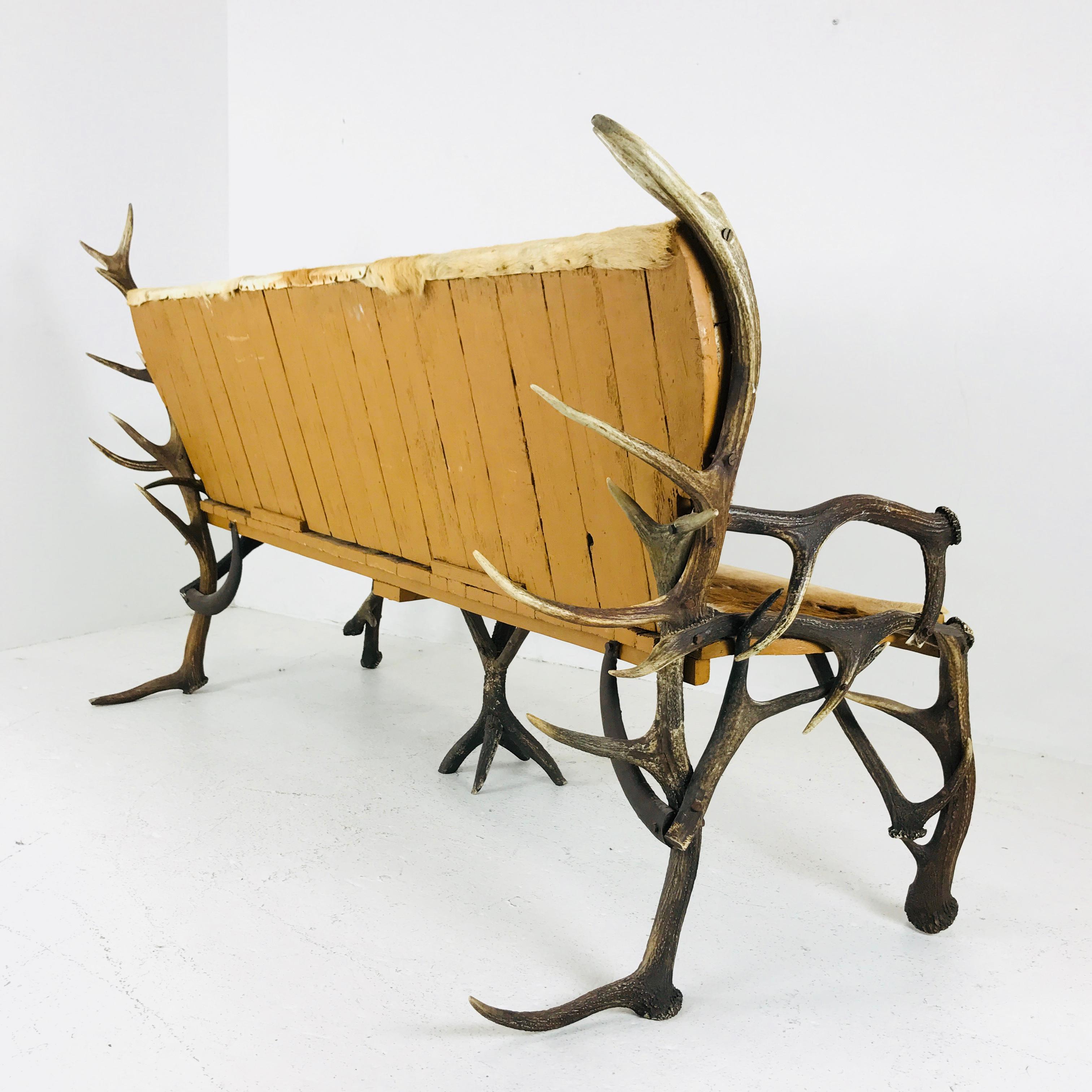 20th Century Vintage Antler and Hide Bench