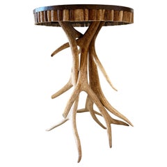 Vintage Antler Side Table with Patinated Metal Clad Sunburst Top, Circa 1980's