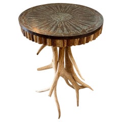 Vintage Antler Side Table with Patinated Metal Clad Sunburst Top, Circa 1980's