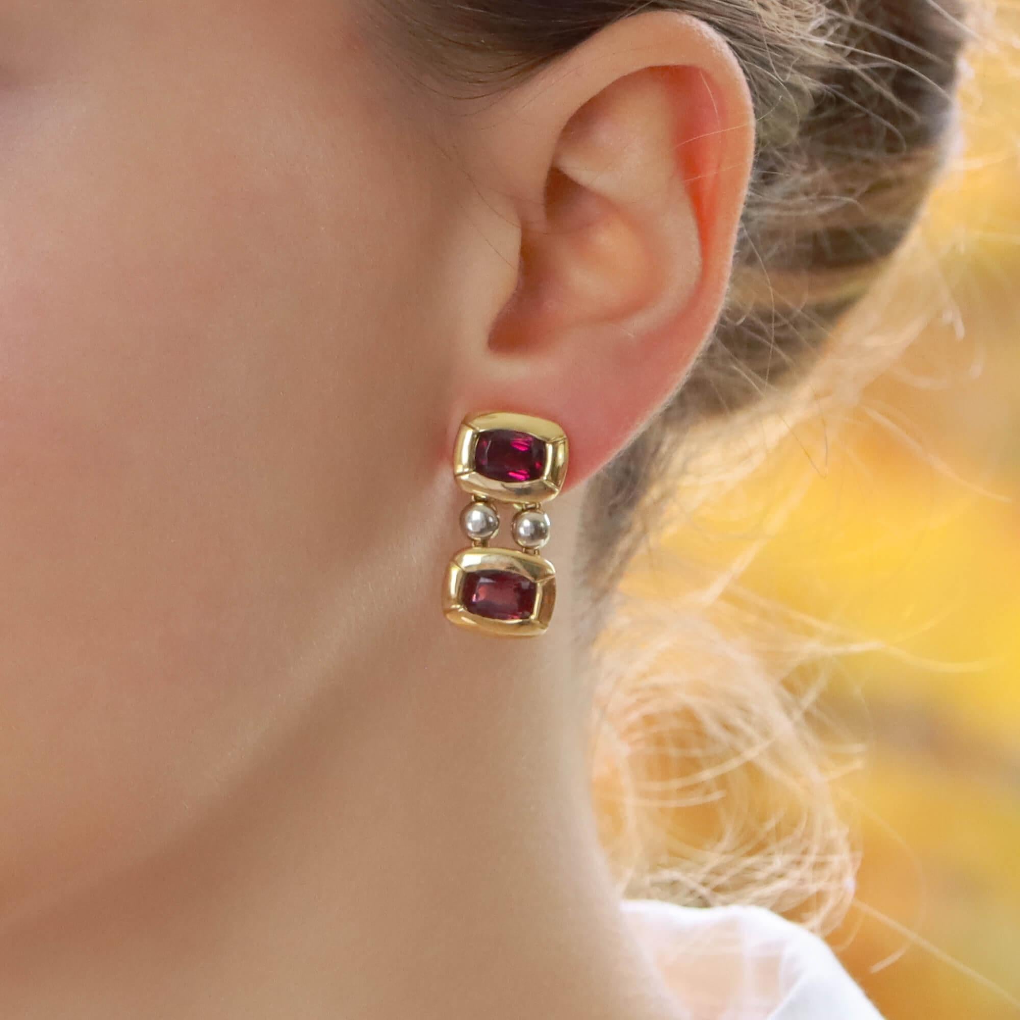 Retro Vintage Antonini Garnet Drop Earrings in 18k White and Yellow Gold