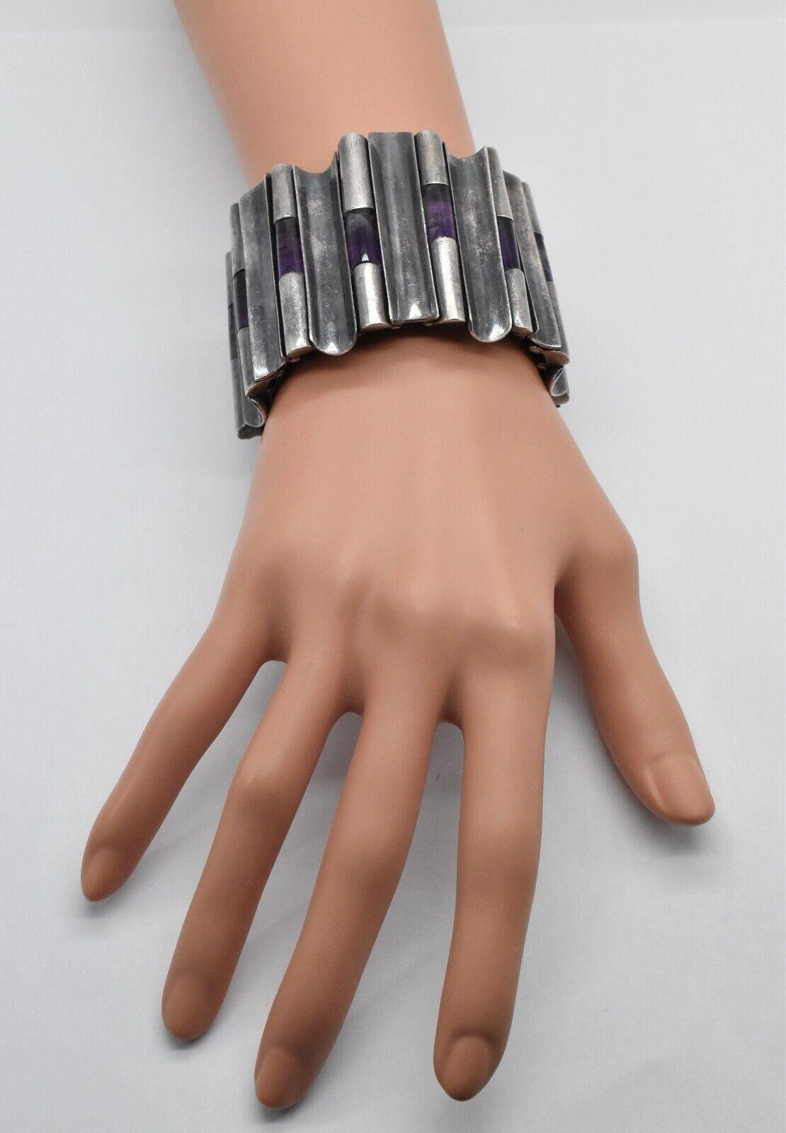 Vintage Antonio Pineda Fine 970 Silver Hinged Rod Amethyst Bracelet, 7
