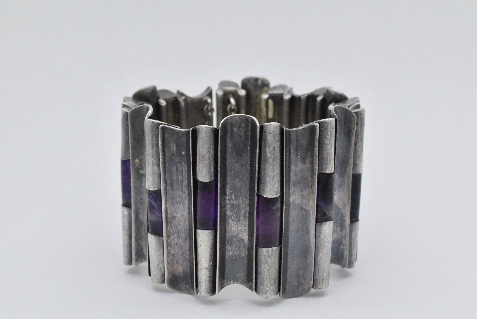 Vintage Antonio Pineda Fine 970 Silver Hinged Rod Amethyst Bracelet, 7