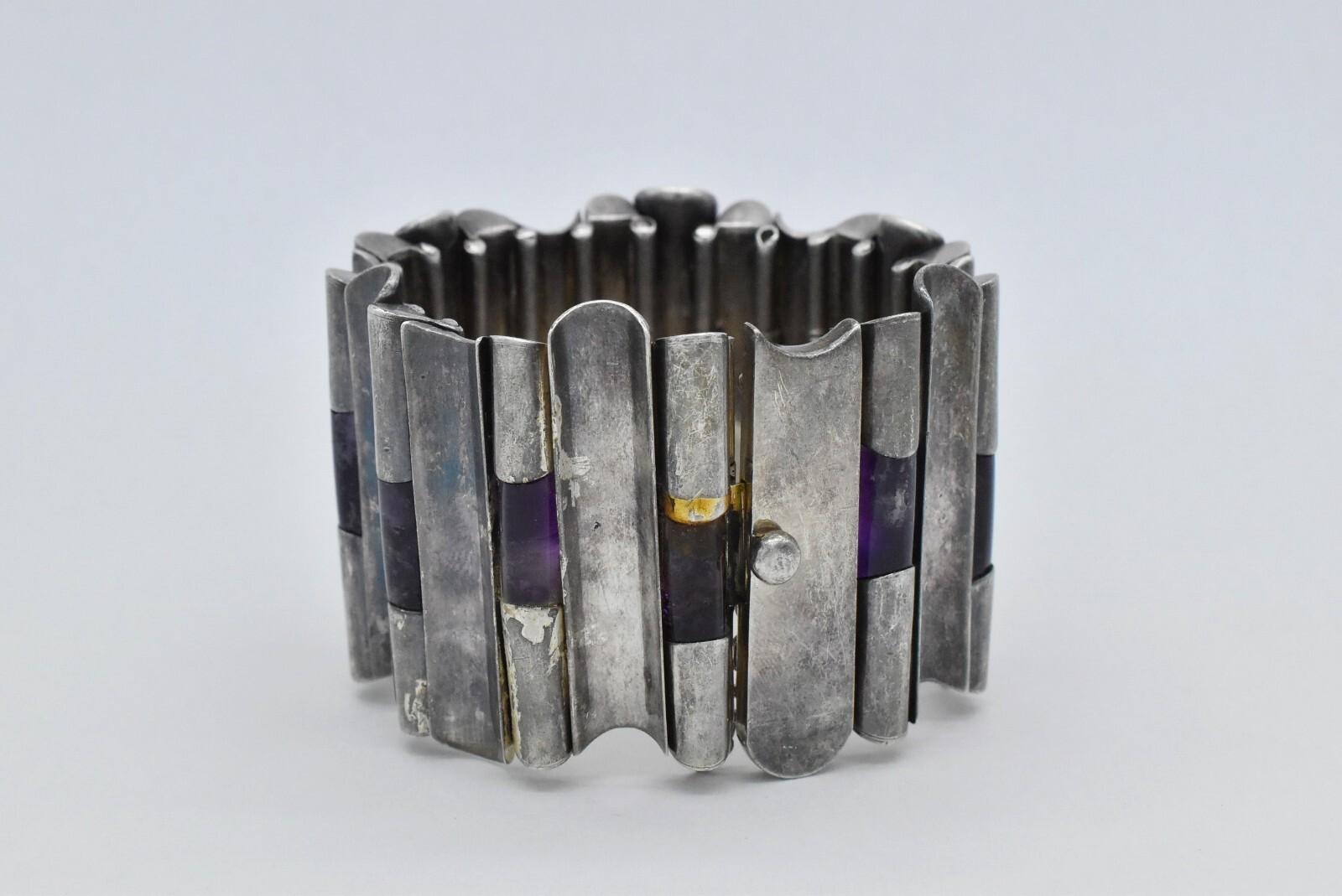 Vintage Antonio Pineda Fine 970 Silver Hinged Rod Amethyst Bracelet, 7