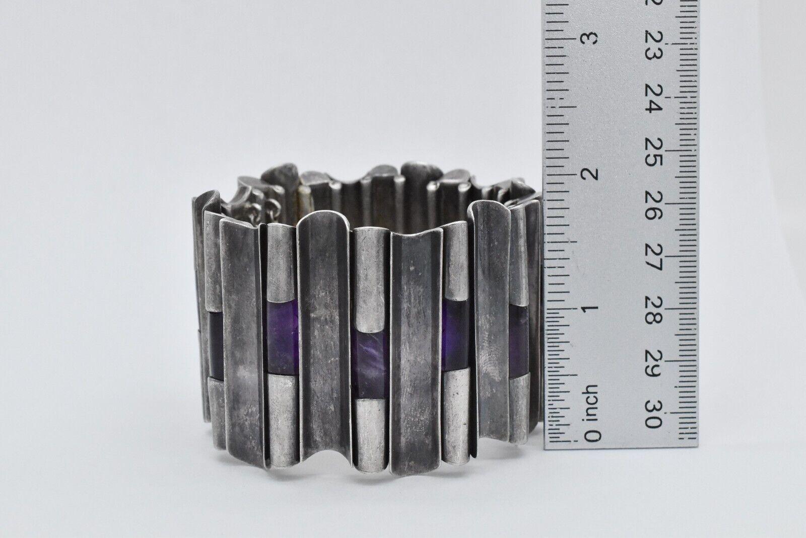Vintage Antonio Pineda Fine 970 Silver Hinged Rod Amethyst Bracelet, 7