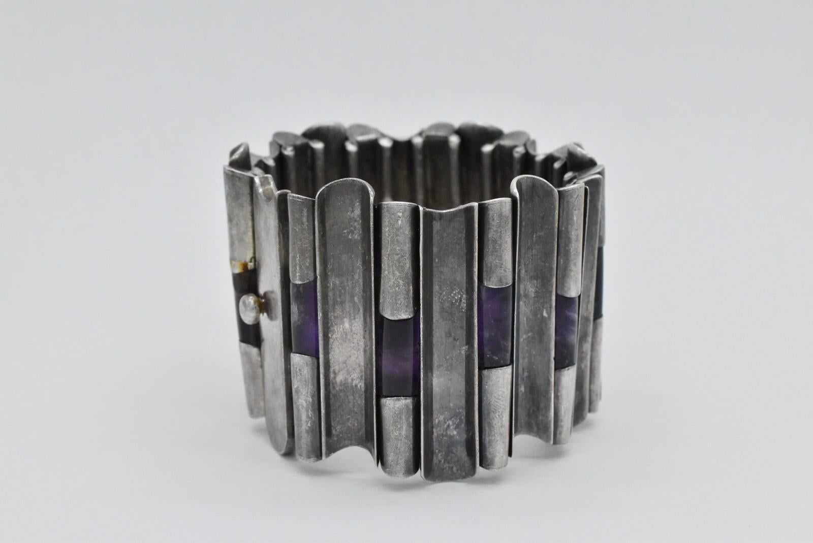 Vintage Antonio Pineda Fine 970 Silver Hinged Rod Amethyst Bracelet, 7
