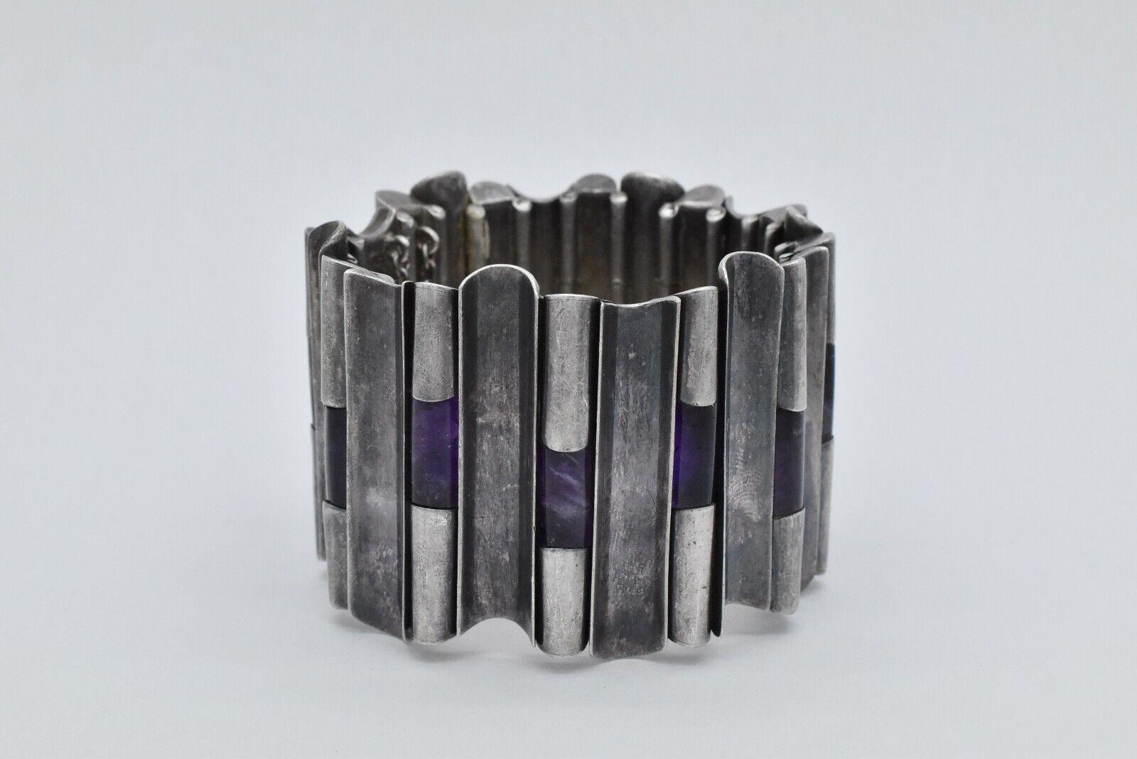 Vintage Antonio Pineda Fine 970 Silver Hinged Rod Amethyst Bracelet, 7