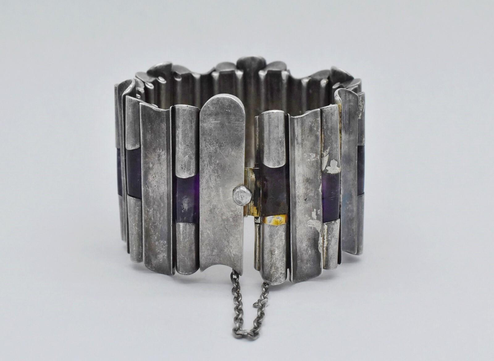 Vintage Antonio Pineda Fine 970 Silver Hinged Rod Amethyst Bracelet, 7