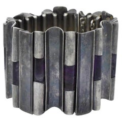 Vintage Antonio Pineda Fine 970 Silver Hinged Rod Amethyst Bracelet, 7" - 204.0g