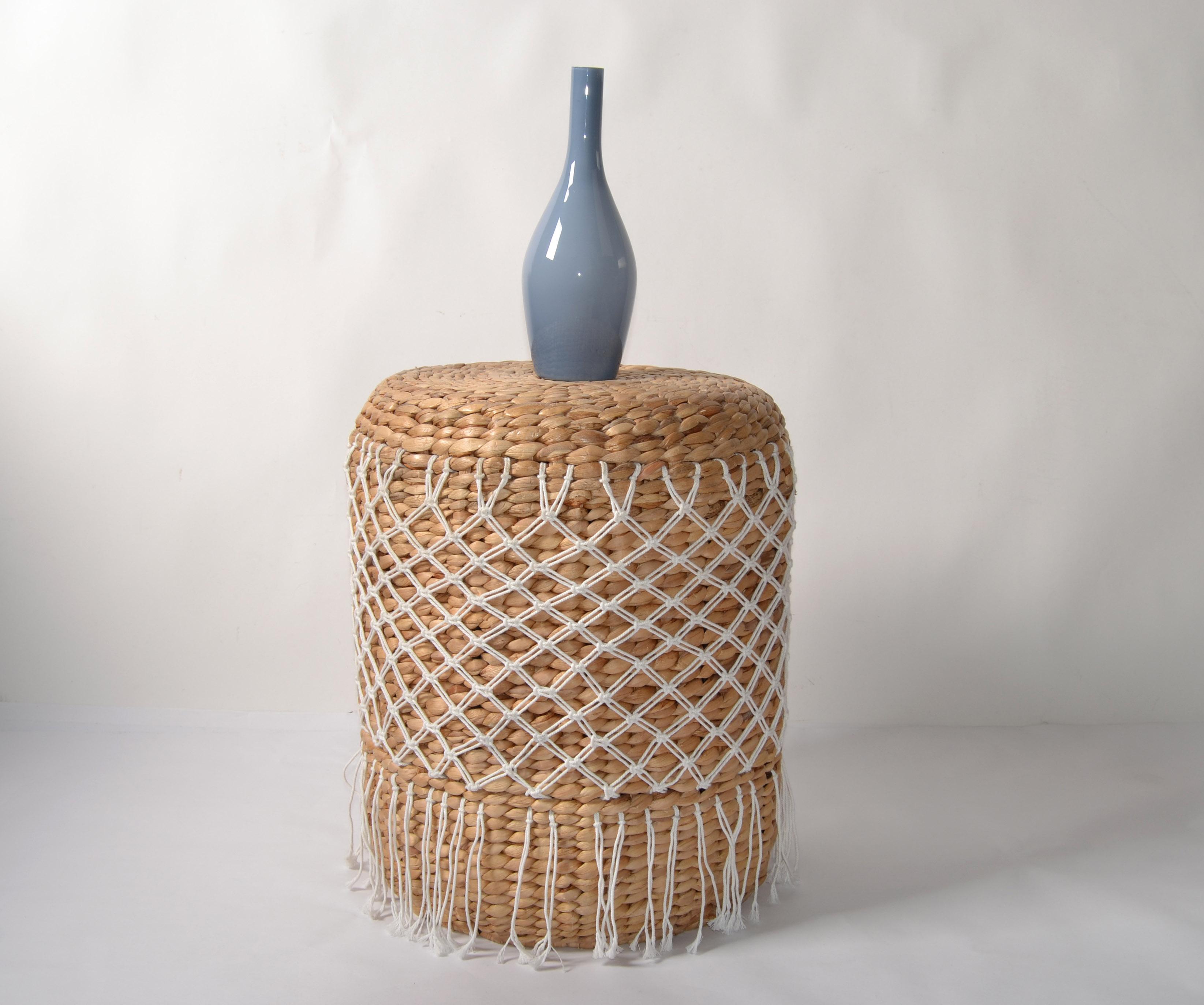 American Vintage Apache Round Handwoven Rattan Natural Fiber Drum Side Drink Table Stool