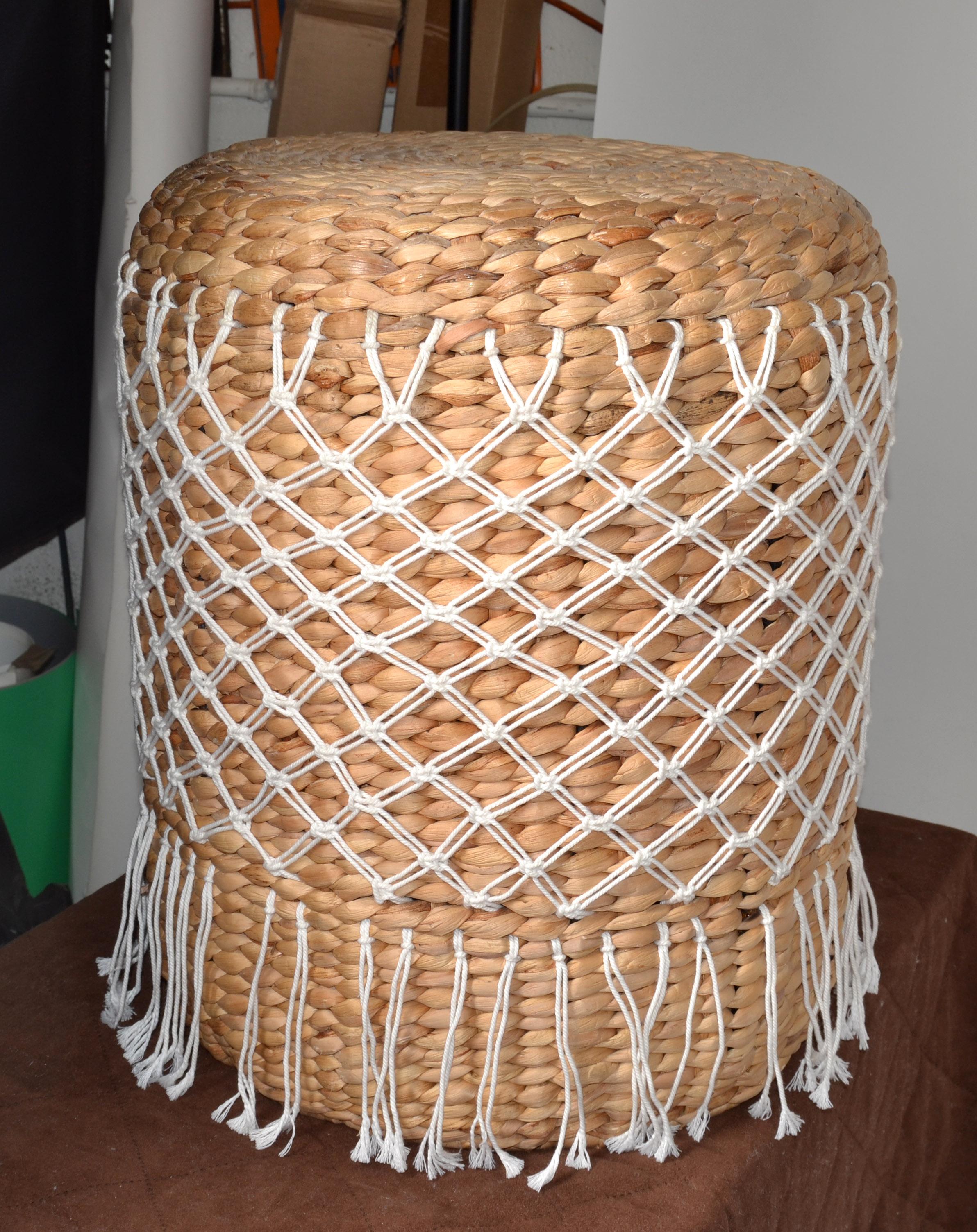 Hand-Woven Vintage Apache Round Handwoven Rattan Natural Fiber Drum Side Drink Table Stool