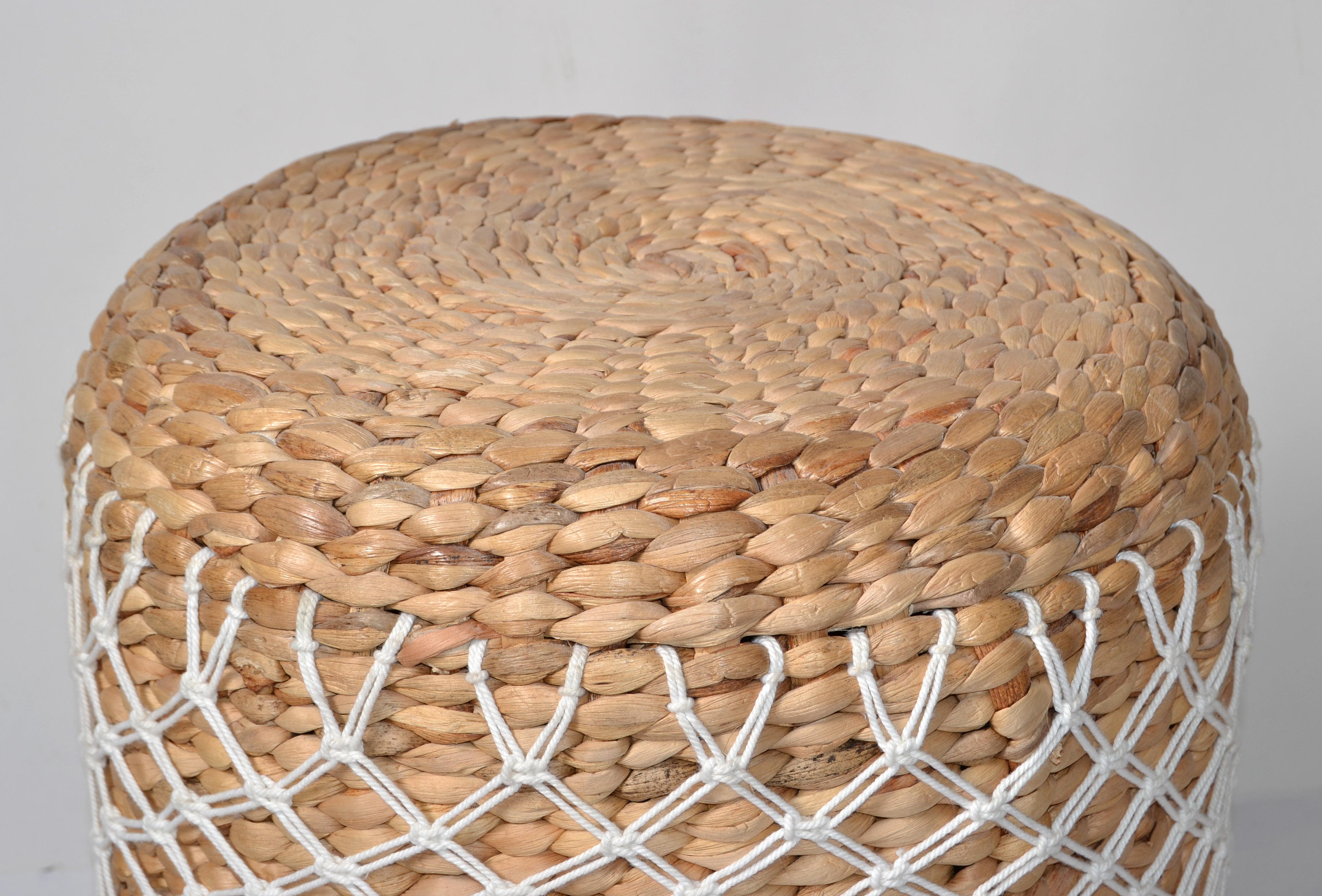 Vintage Apache Round Handwoven Rattan Natural Fiber Drum Side Drink Table Stool In Good Condition In Miami, FL