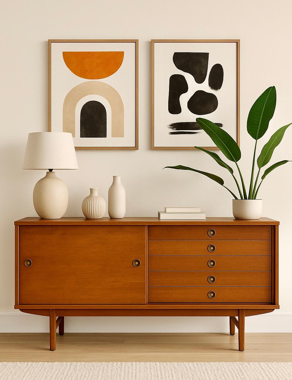 Credenza moderna de mediados de siglo en nogal de tamaño apartamento, c. 1960. Esta pequeña pero espaciosa pieza cuenta con un montón de espacio de almacenamiento en su estudiada distribución, que ofrece tres cajones profundos y espaciosos y una