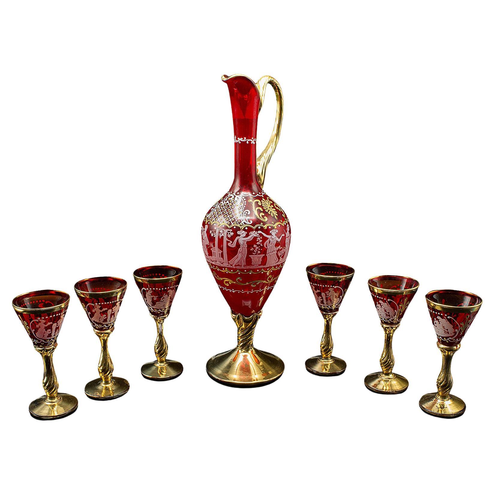 Juego de Aperitivo Vintage, Italiano, Vidrio Artístico, Aguamanil, Copas de Vino, Circa 1970