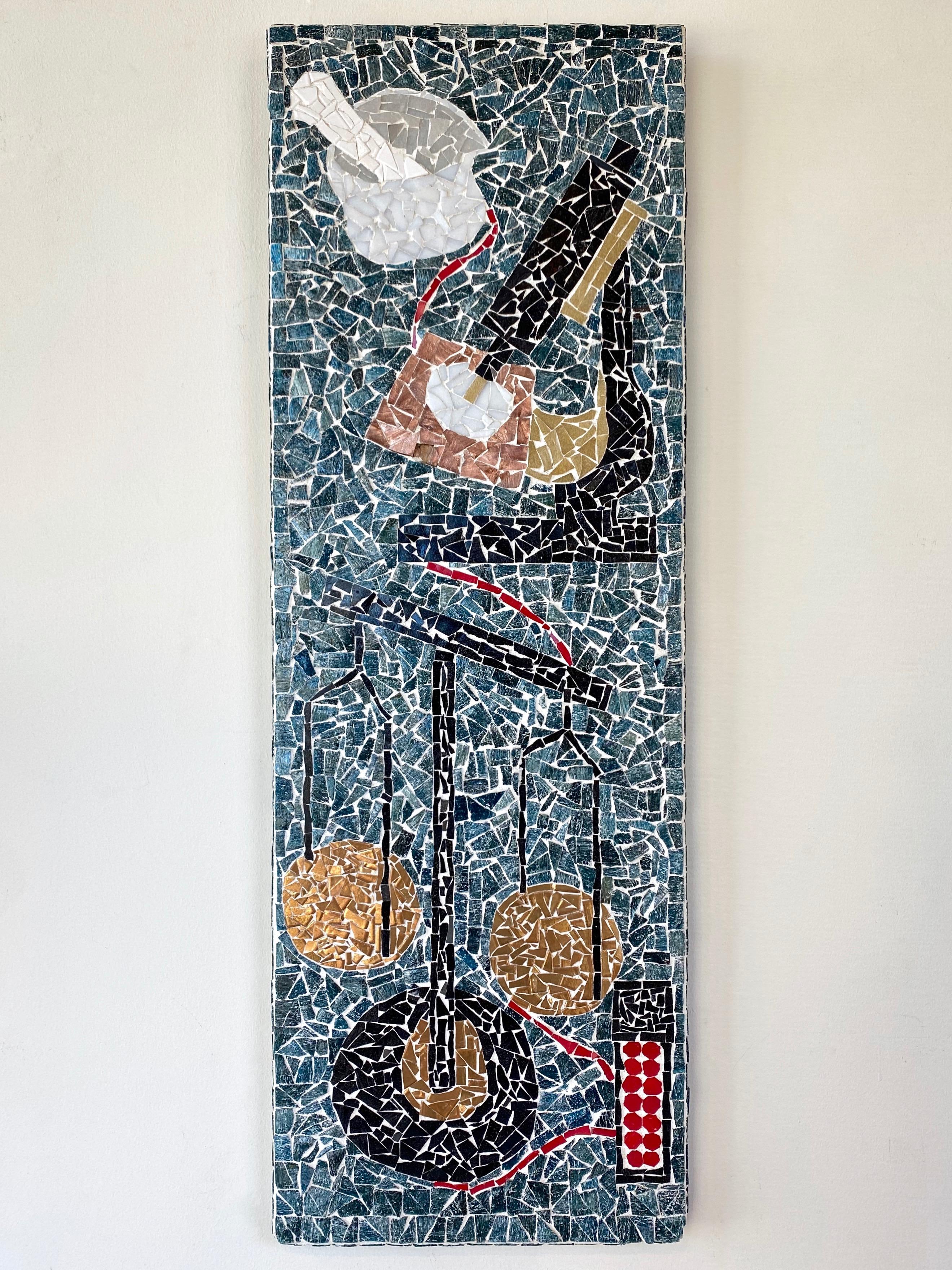 A wonderfully executed and unique 1950s tall glass tile mosaic illustrating the pill making process, perfect for the wall of an apothecarist, pharmacist, or physician.

Great mid-century modern aesthetic, with countless pieces of exactingly placed