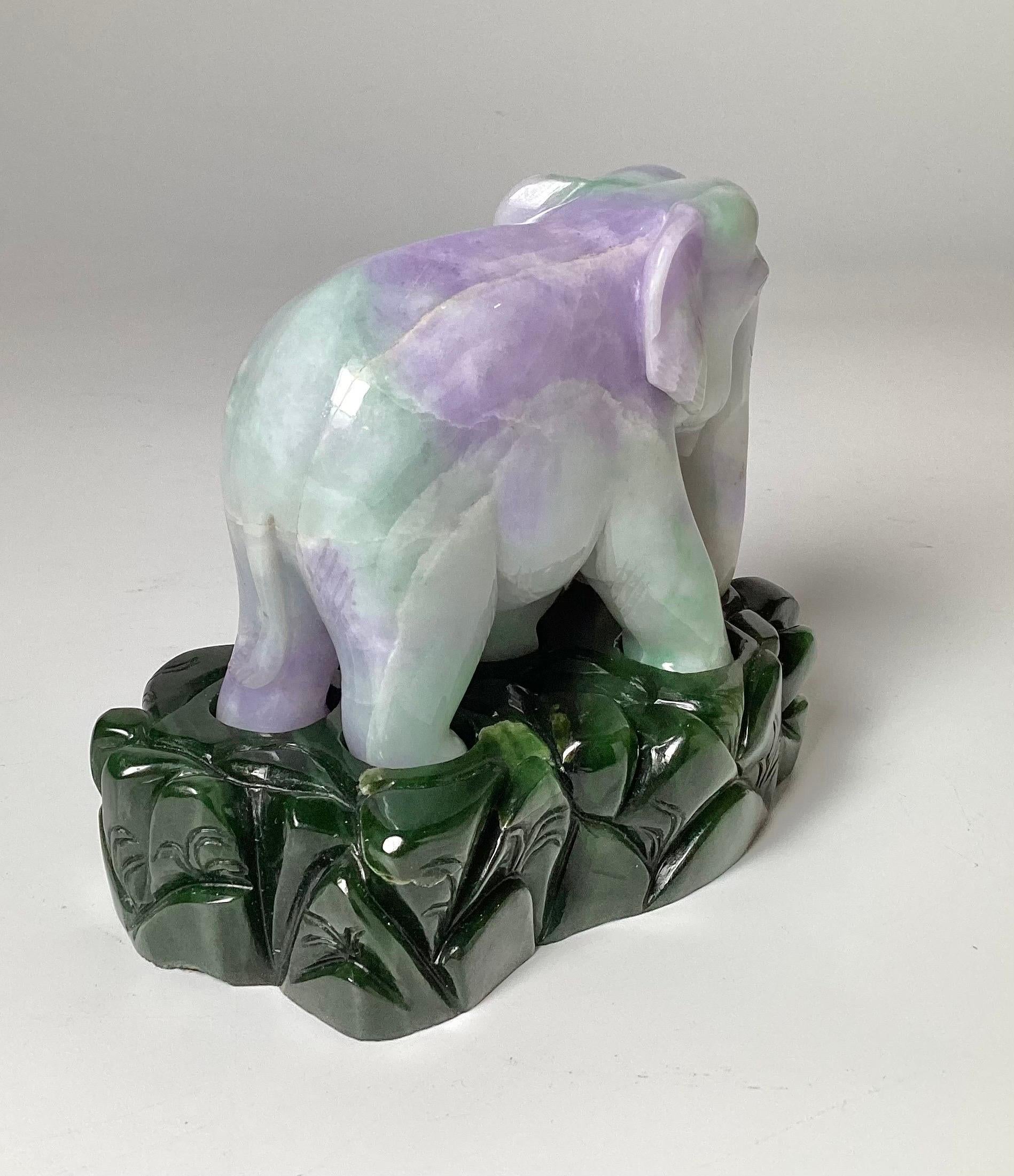 Asian Vintage Apple Green and Lavender Jadeite Elephant on Stand For Sale