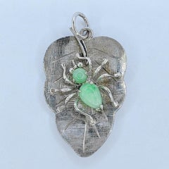 Vintage Apple Green Burmese Jadeite Jade Spider on a Leaf 8K White Gold Pendant
