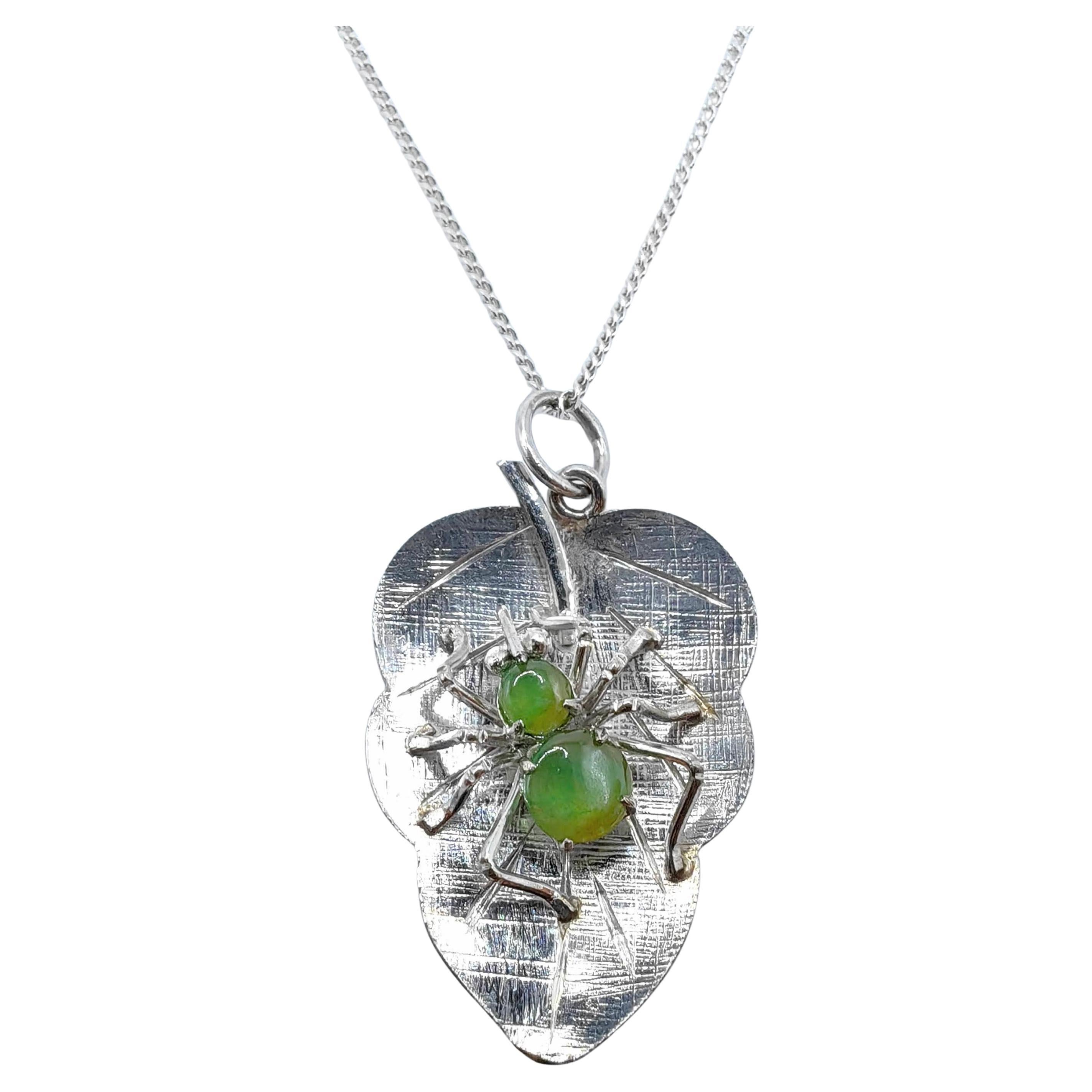 Vintage Apple Green Burmese Jadeite Jade Spider on a Leaf 8K White Gold Pendant