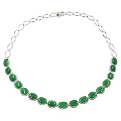 Vintage Apple Green Color Jadeite Jade Diamond Necklace in 18 Karat White Gold