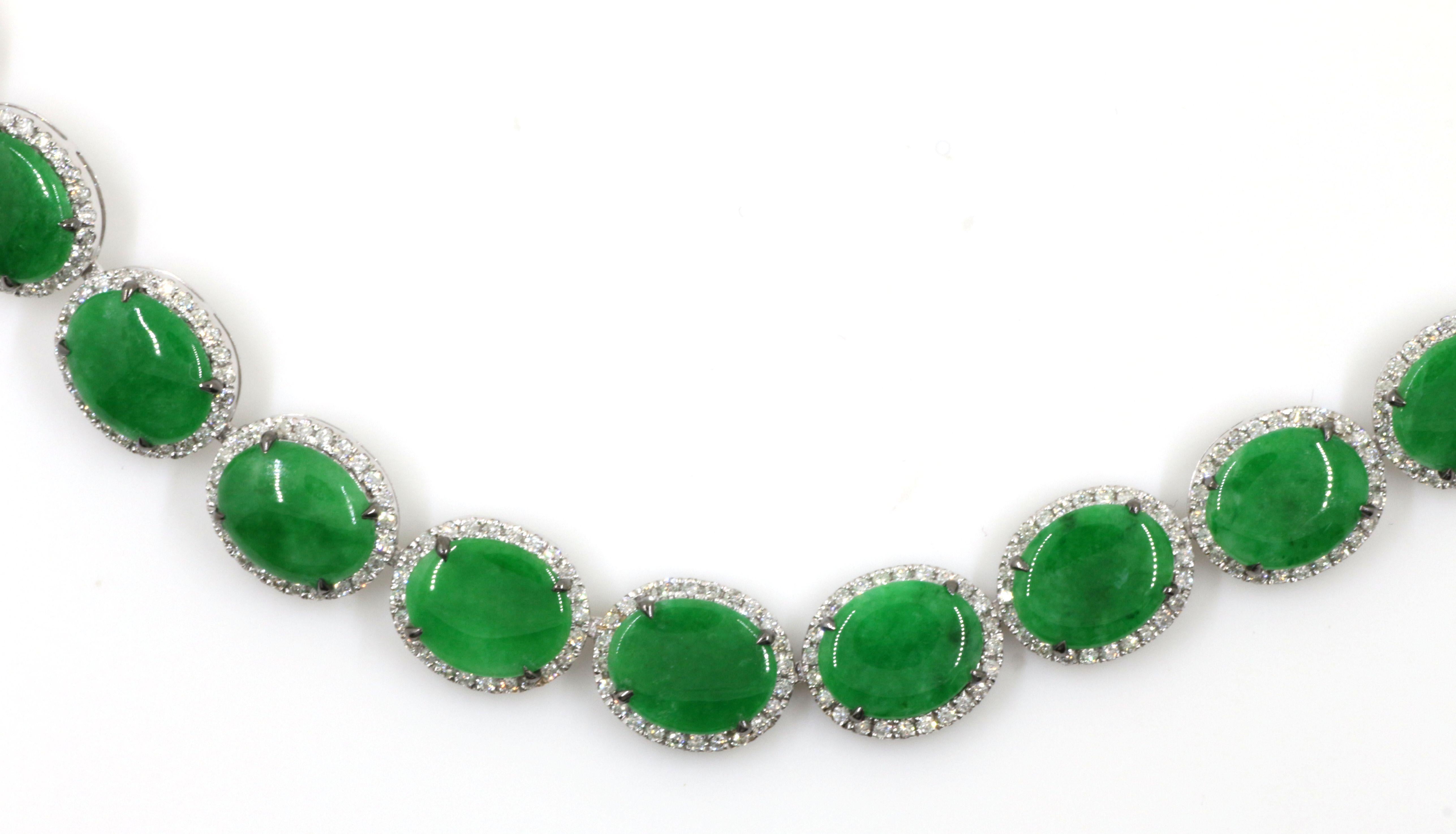 Cabochon Vintage Apple Green Color Jadeite Jade Diamond Necklace in 18 Karat White Gold For Sale