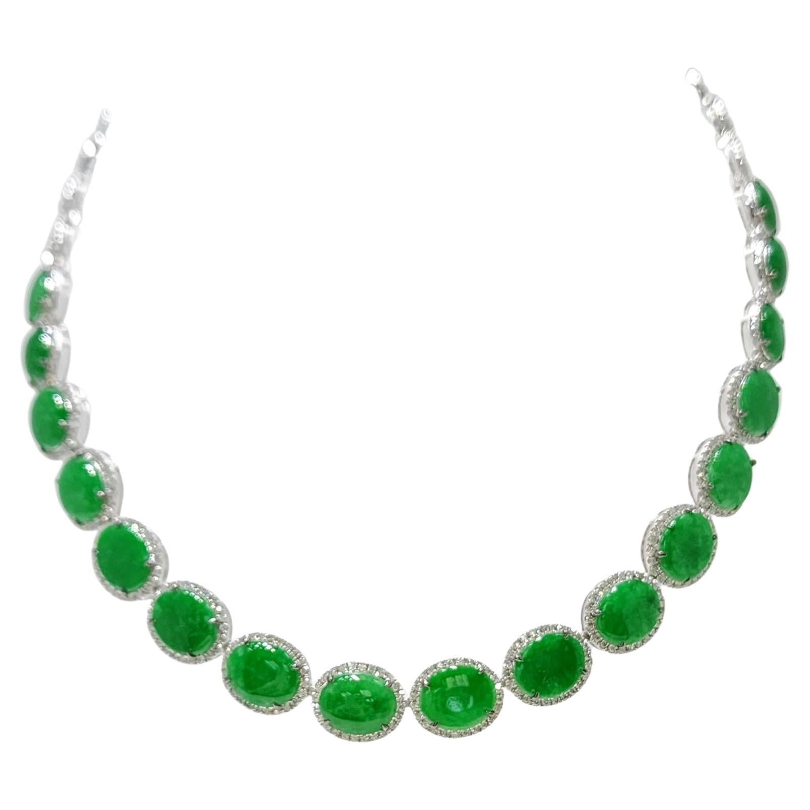 Vintage Apple Green Color Jadeite Jade Diamond Necklace in 18 Karat White Gold