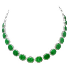 Vintage Apple Green Color Jadeite Jade Diamond Necklace in 18 Karat White Gold