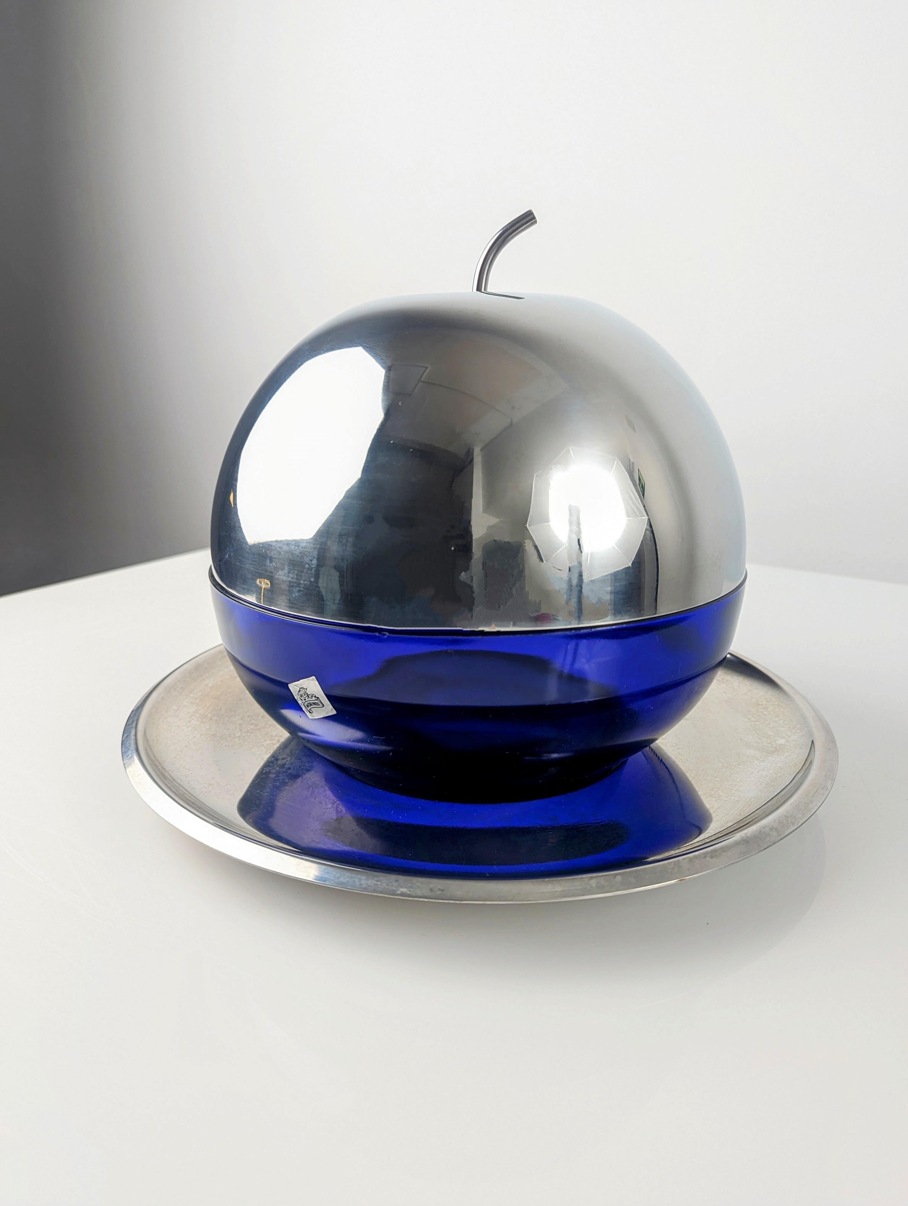 Vintage Apple Ice Bucket in Blue Glass and Steel, Italy, 1960s In Good Condition For Sale In Benalmadena, ES