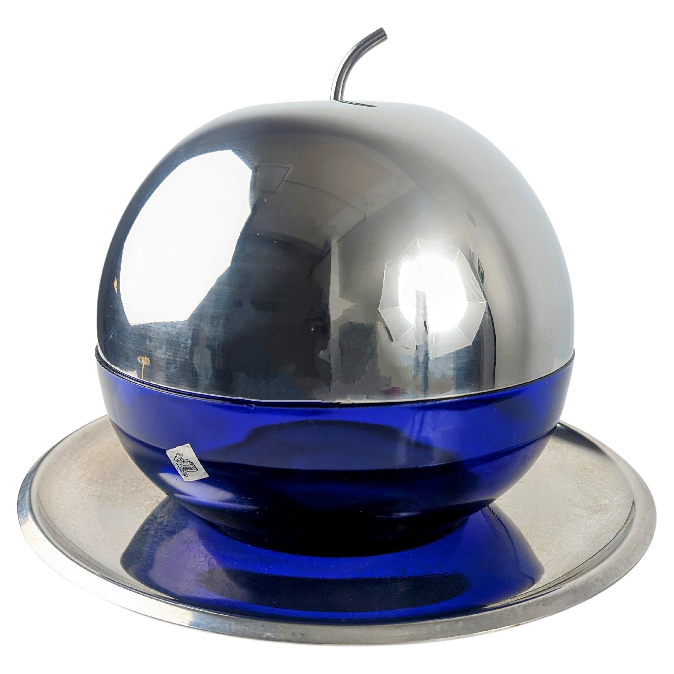 Vintage Apfel-Eiskübel aus blauem Glas und Stahl, Italien, 1960er Jahre im Angebot