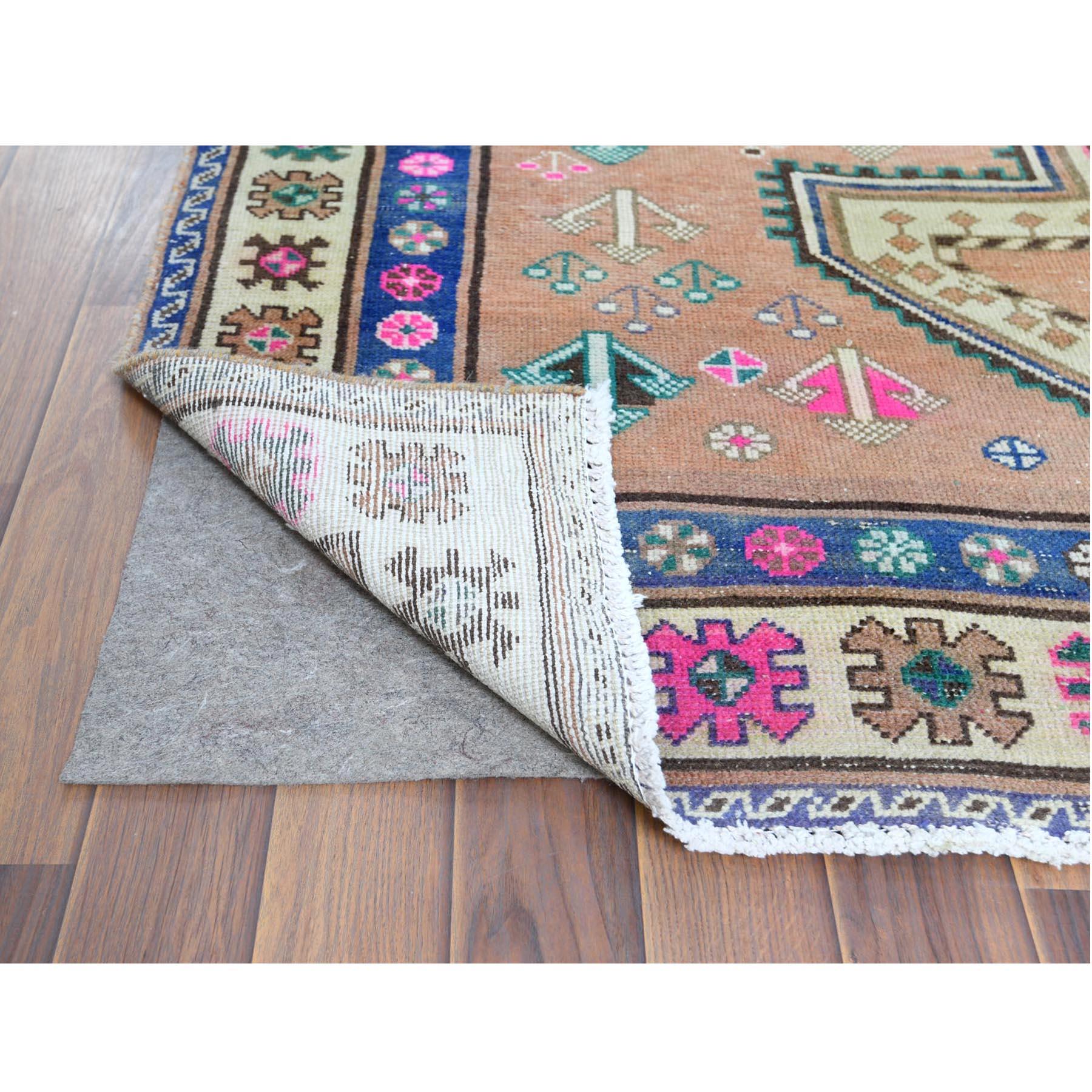 Medieval Vintage Apricot with Pop of Color Persian Hamadan Hand Knotted Worn Wool Rug For Sale