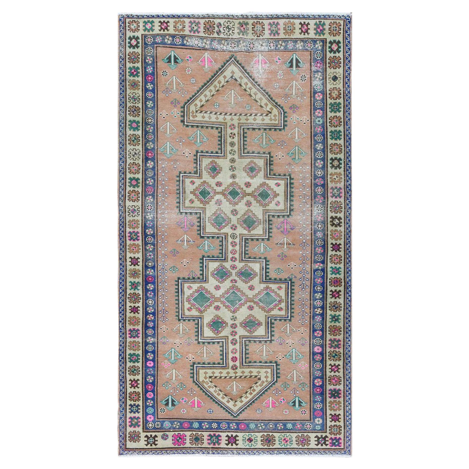 Vintage Apricot with Pop of Color Persian Hamadan Hand Knotted Worn Wool Rug For Sale
