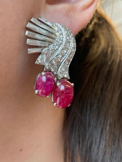 Vintage apx 15.50ct Burmese Ruby & Diamond Earrings Platinum