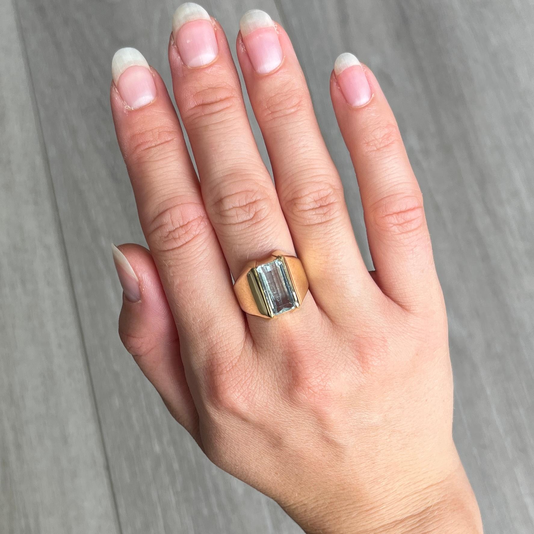 Emerald Cut Vintage Aqua and 18 Carat Gold Solitaire Ring