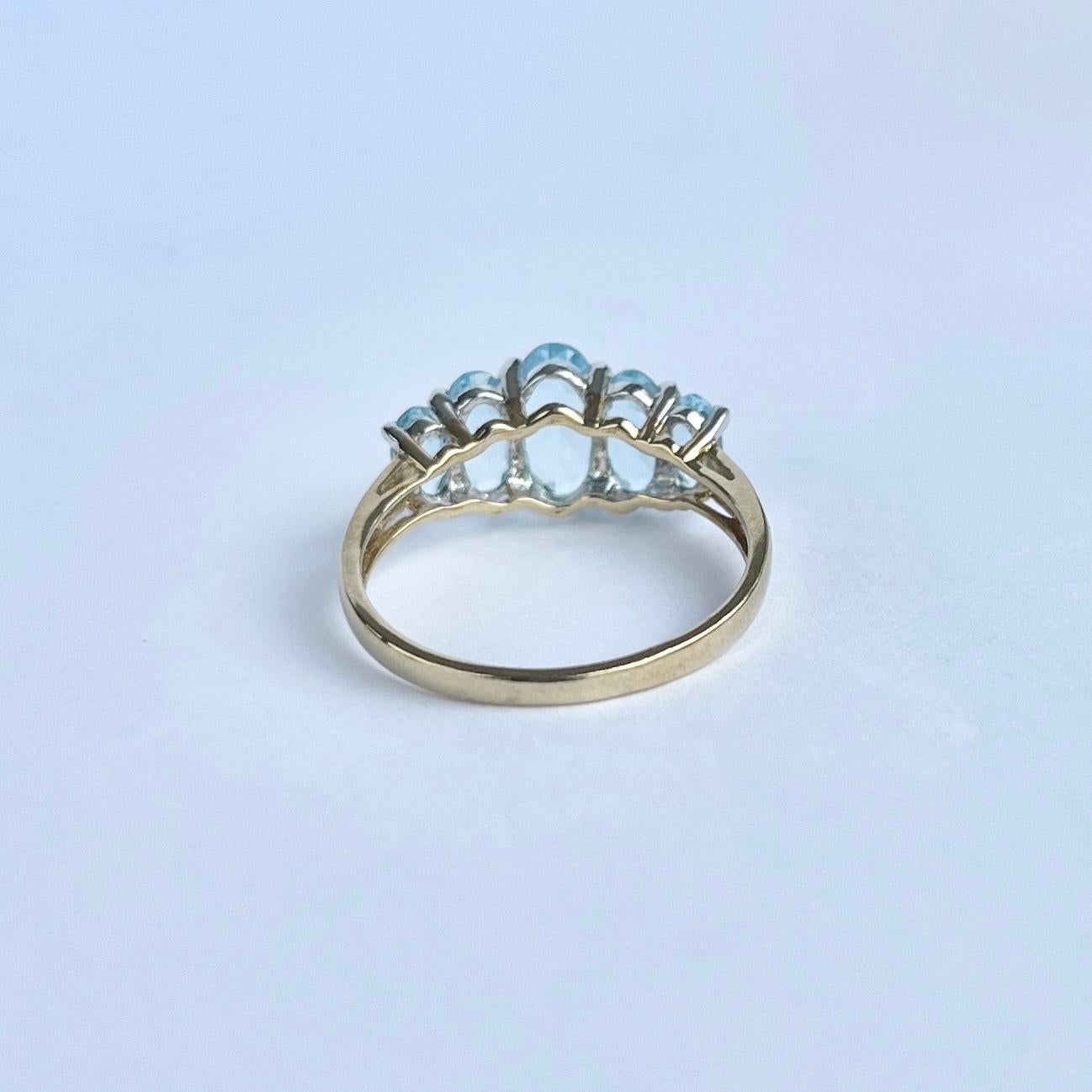 Women's Vintage Aqua and 9 Carat Gold Three-Stone Ring For Sale